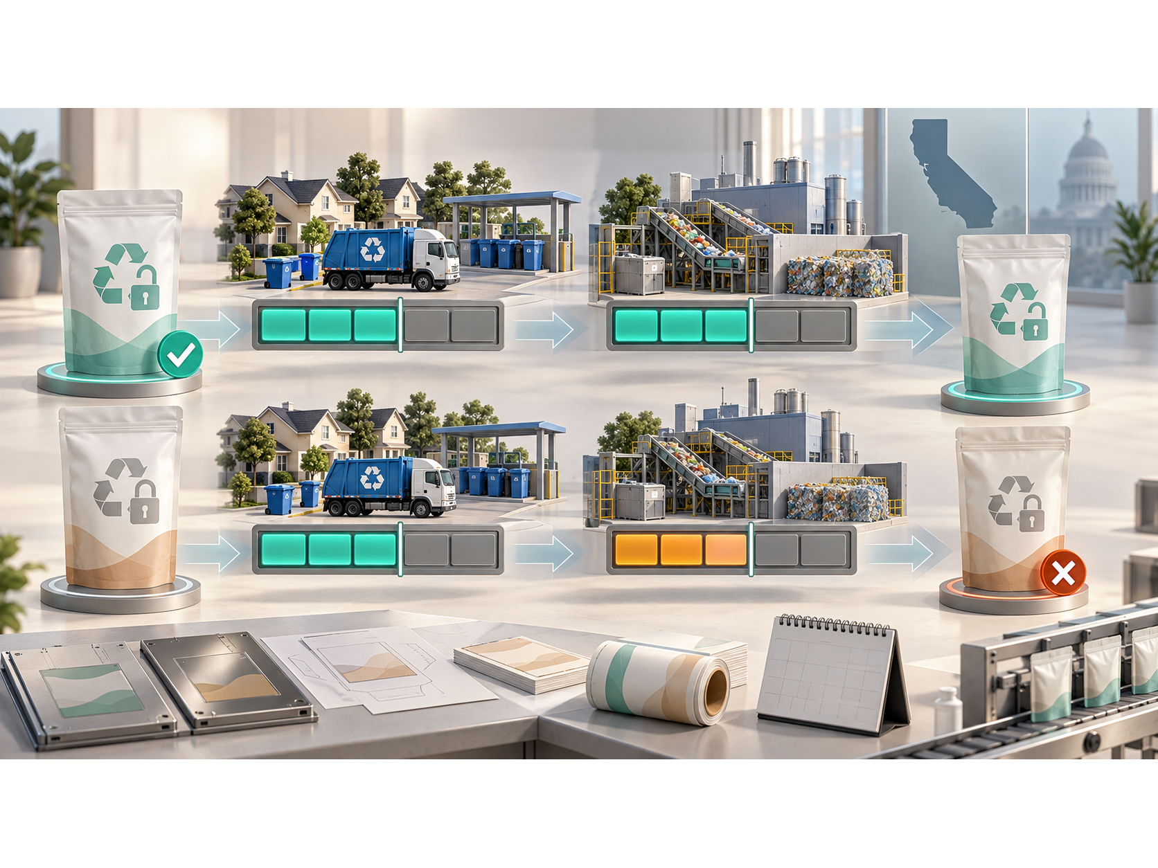 Two recycling pathways comparing packaging that passes or fails collection and processing criteria.