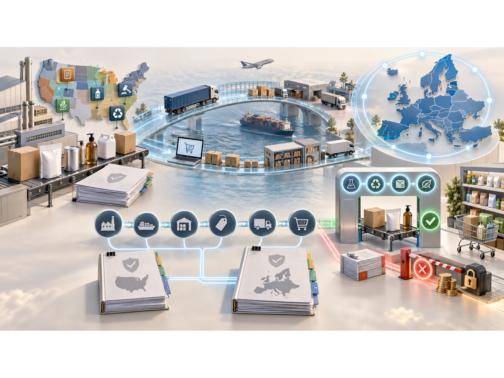 A U.S.-to-Europe packaging supply chain with market access and compliance checkpoints.