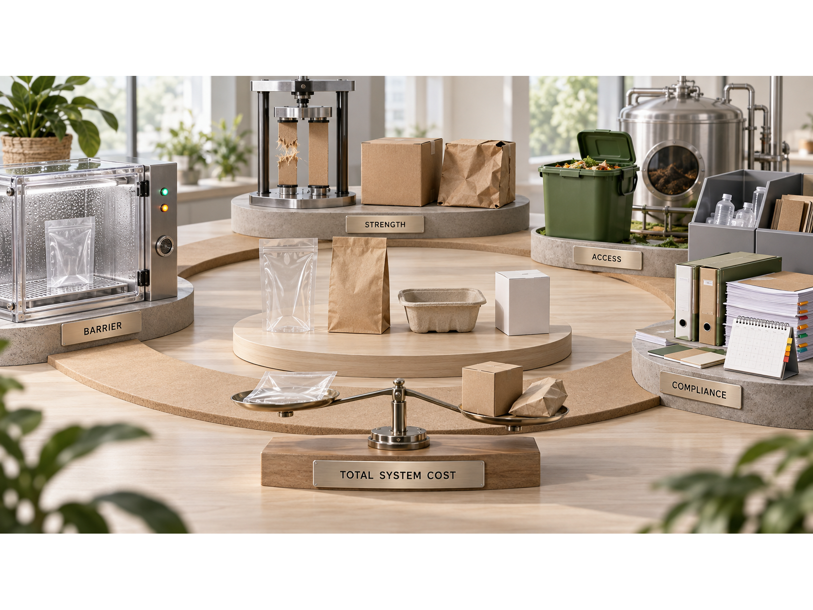 Packaging prototypes and test equipment arranged on platforms labeled Strength, Barrier, Access, Compliance, and Total System Cost.