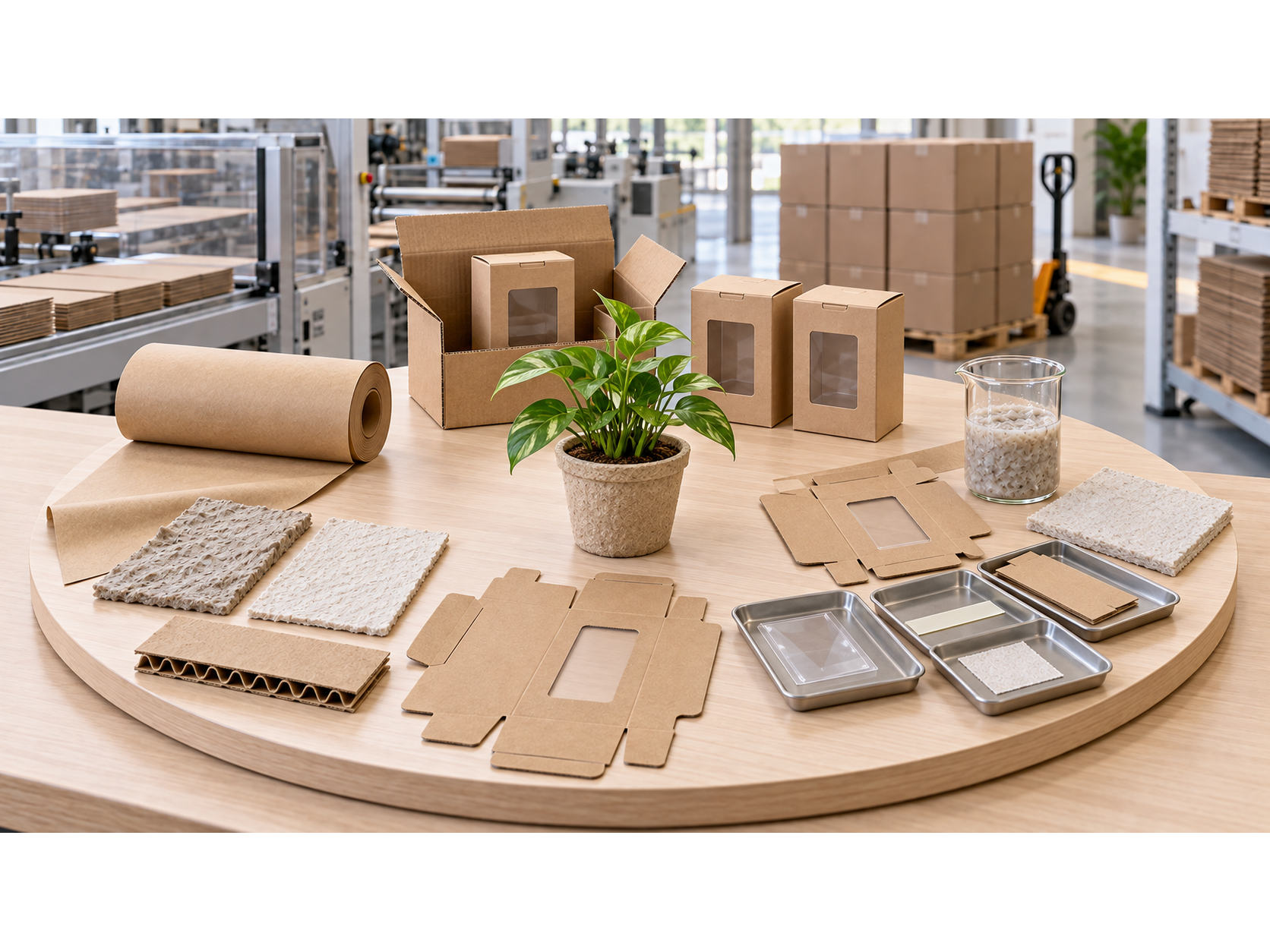 Packaging material samples, cartons, a plant, and trays arranged on circular worktables in a packaging facility.