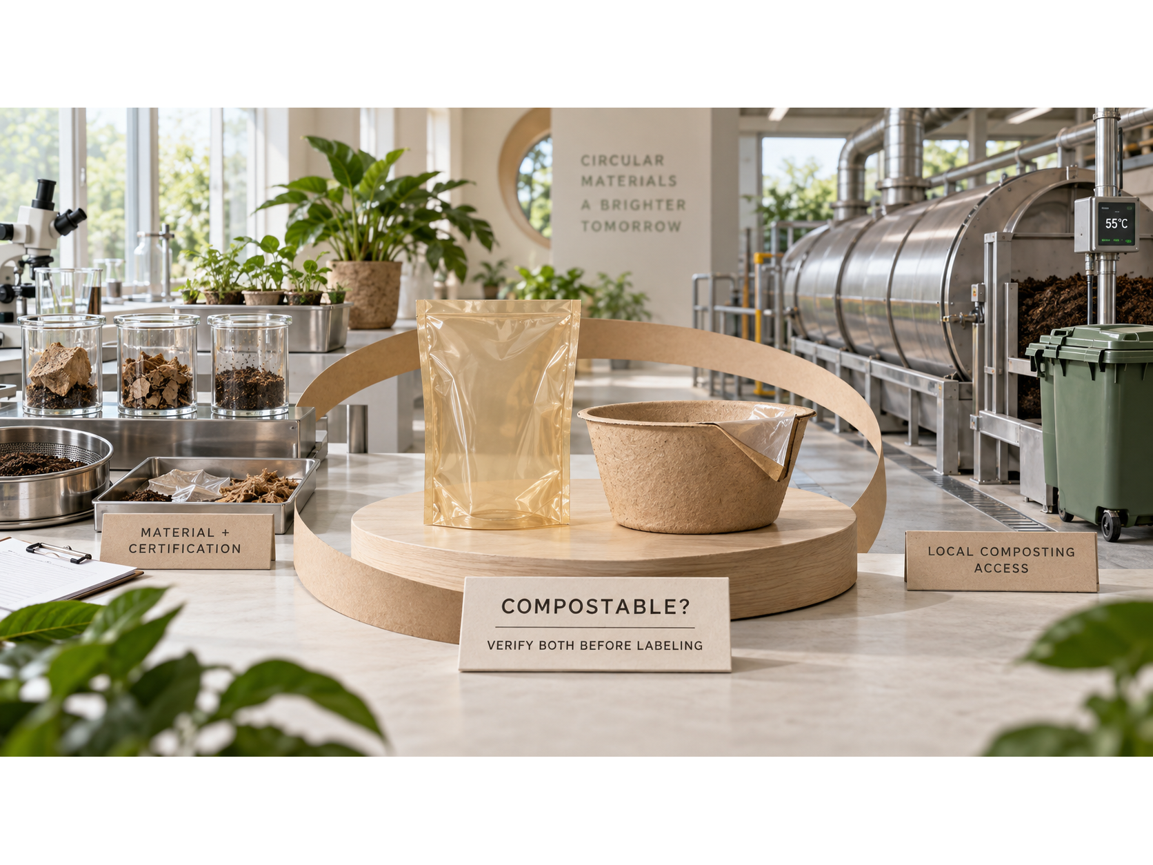Compostable packaging and material samples beside an industrial composting facility with certification and access labels.