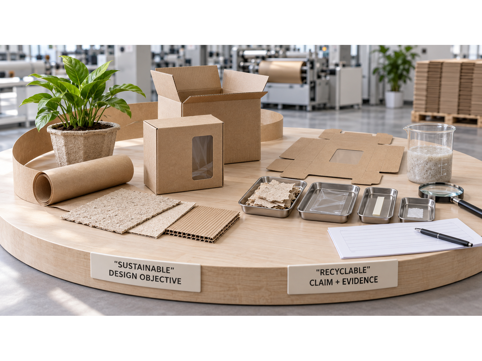 Packaging samples on worktables labeled Sustainable Design Objective and Recyclable Claim + Evidence.