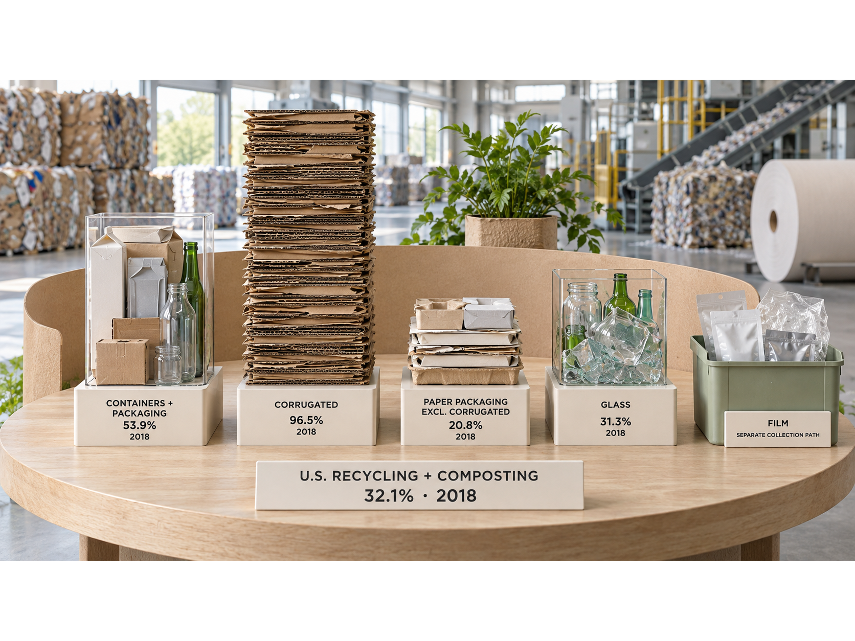 Recovery data display comparing containers and packaging, corrugated, paper packaging, glass, and film.