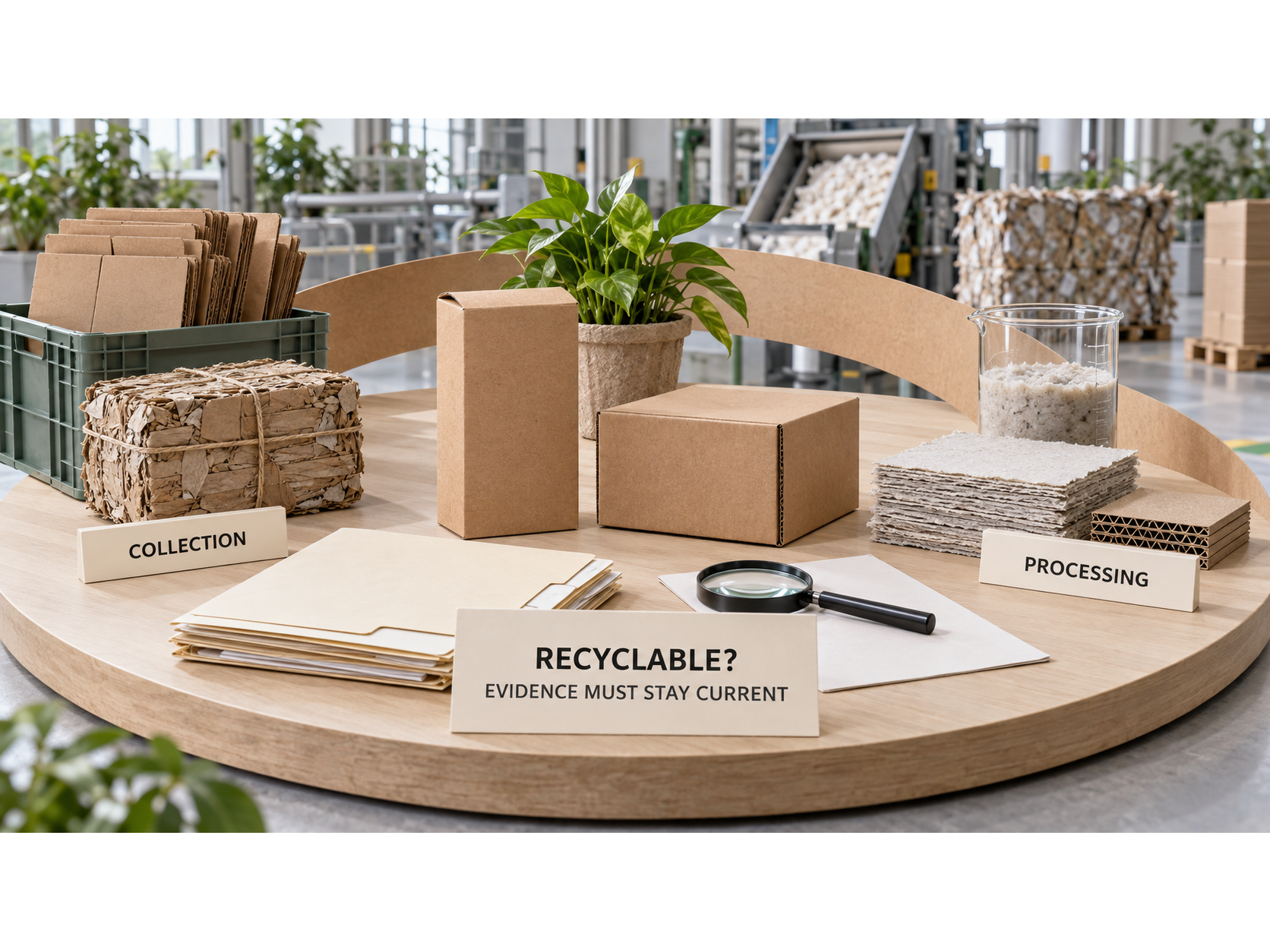 Paper packages, recycling bales, and test samples on a display labeled Recyclable? Evidence must stay current.
