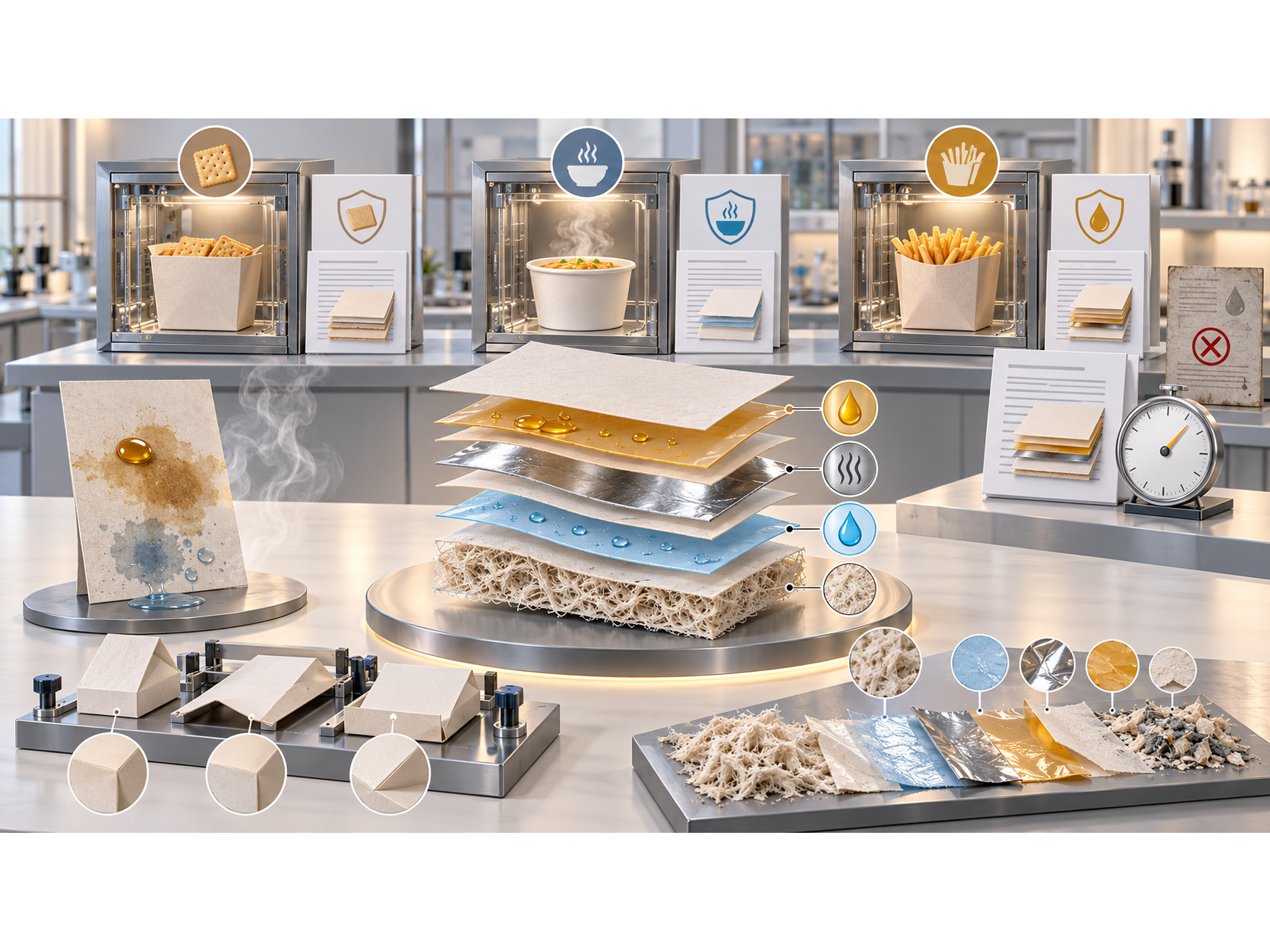 Layered paper structures and packaging samples evaluated for moisture, grease, aroma, oxygen, and sealing performance.