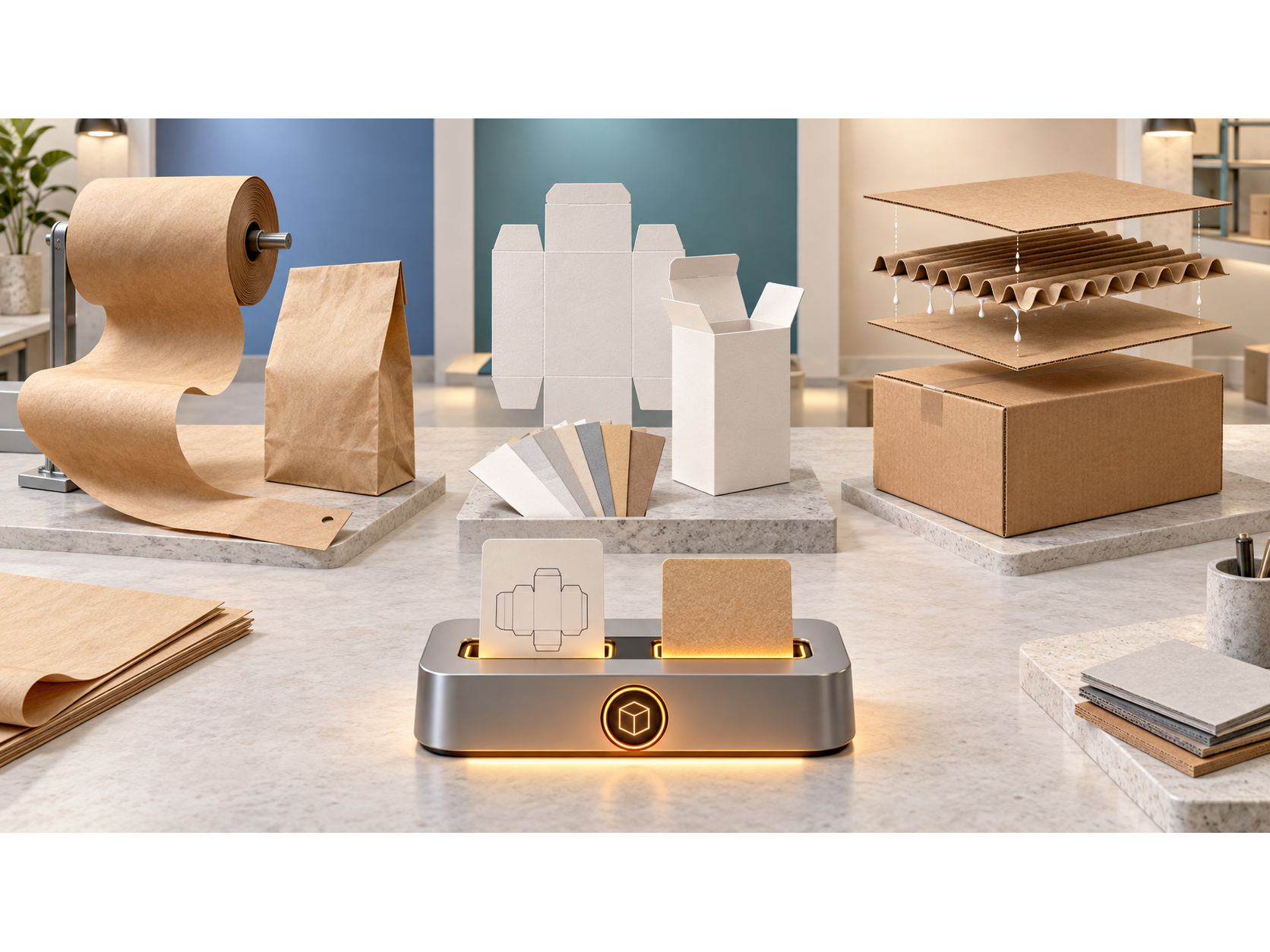 Flexible paper, paperboard cartons, and corrugated flute profiles shown across a production and testing workflow.