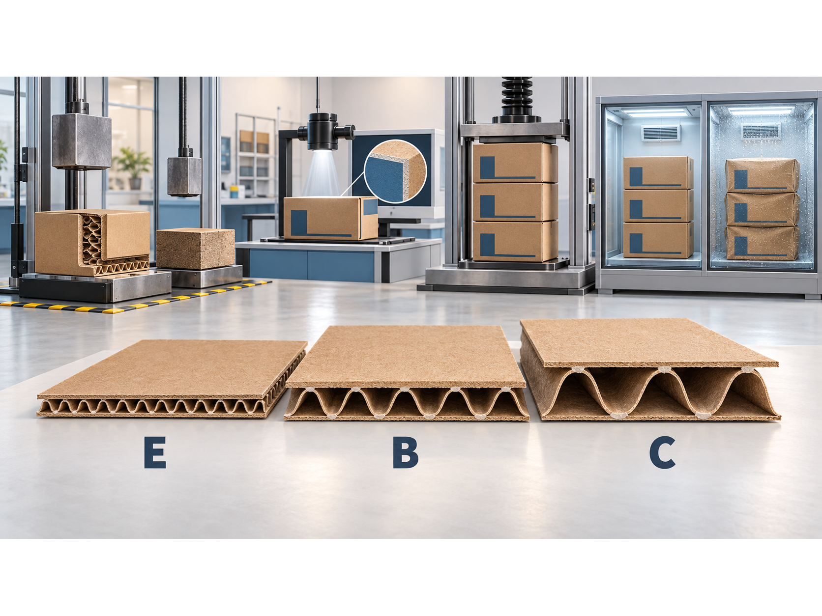 Corrugated board samples and boxes evaluated for flute profile, compression, humidity, and stacking performance.