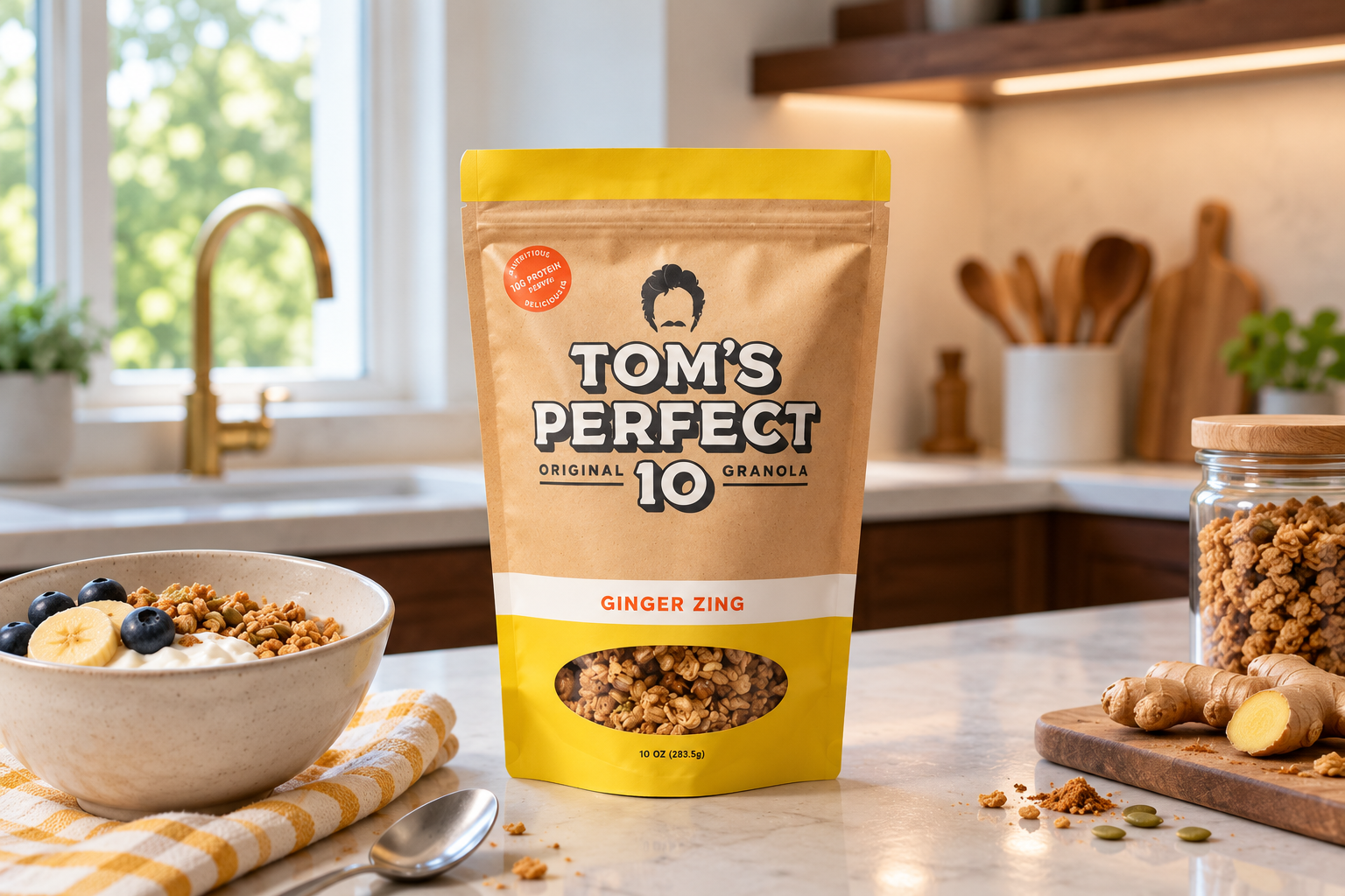 A Tom’s Perfect 10 granola pouch is displayed on a kitchen counter beside granola and ginger.