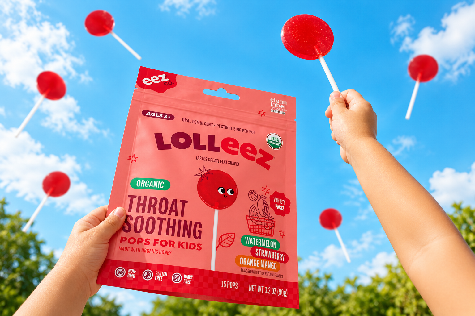 Hands hold a red Lolleez pouch among red lollipops against a blue sky.