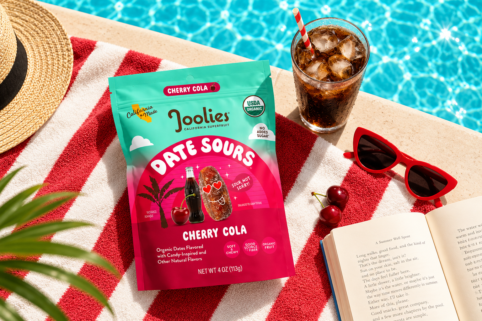 A colorful Joolies Date Sours pouch is staged beside a swimming pool with a drink and book.