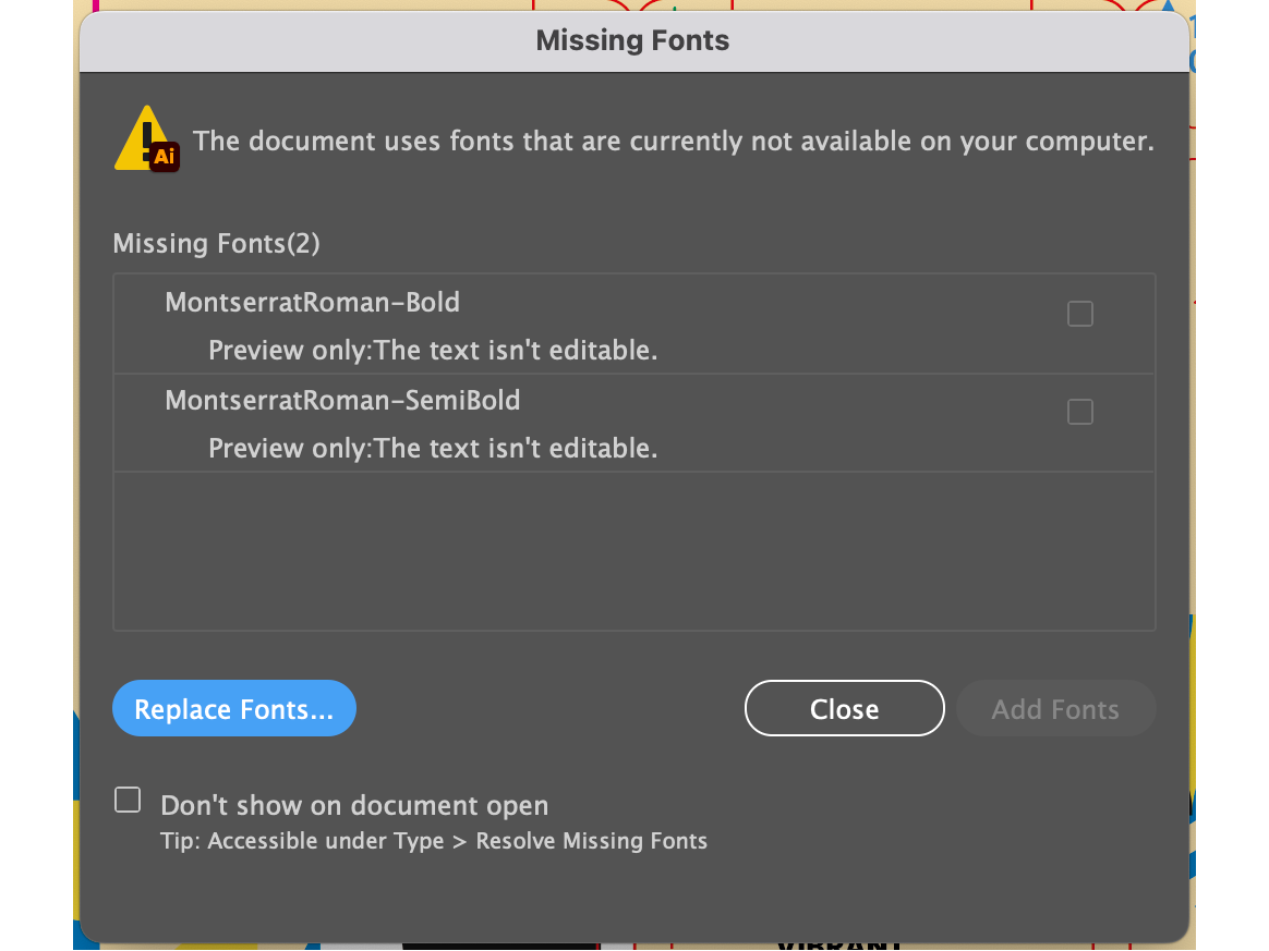 Adobe Illustrator Missing Fonts dialog listing unavailable Montserrat font styles.