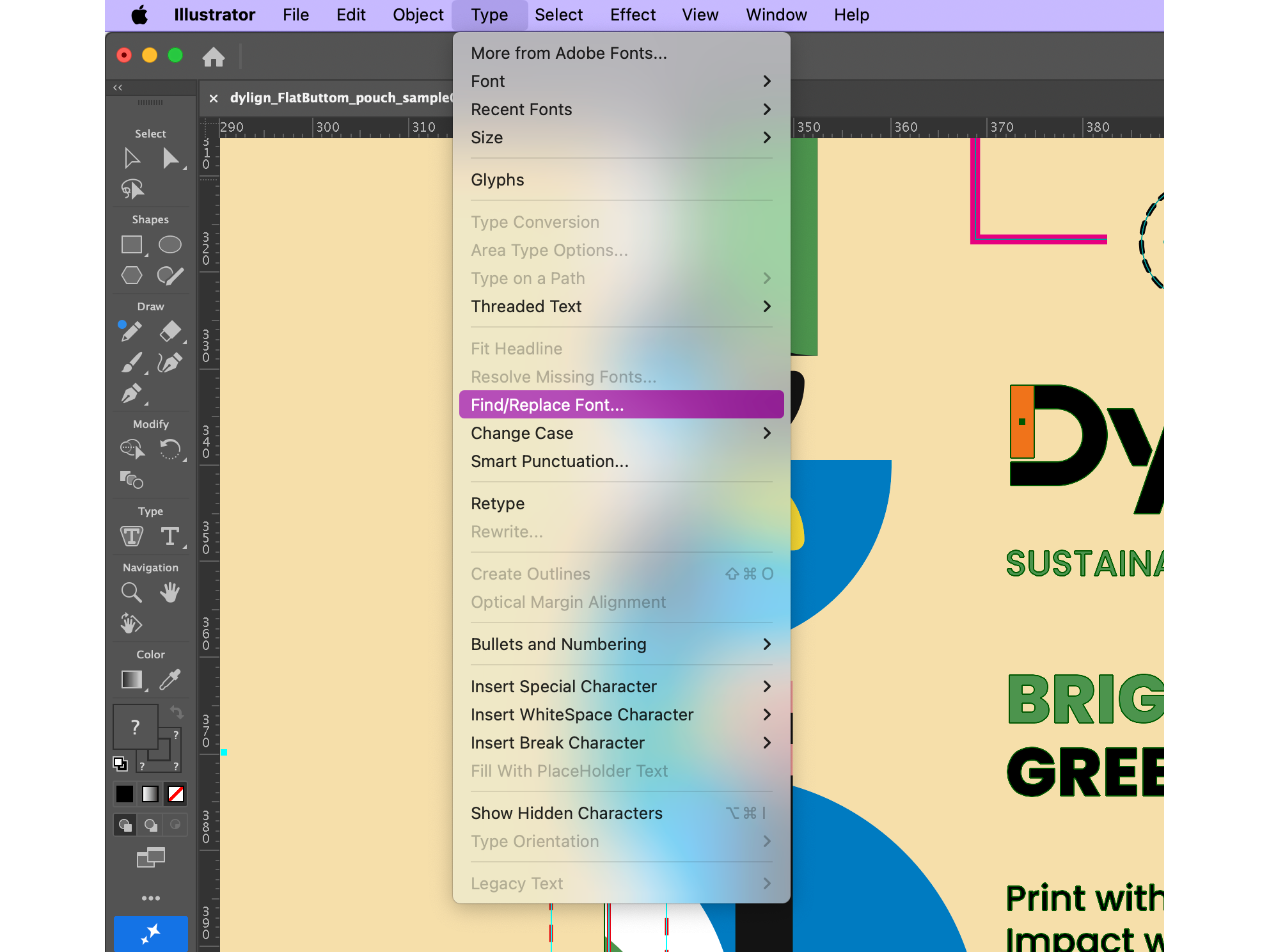 Adobe Illustrator Type menu with Find/Replace Font highlighted.