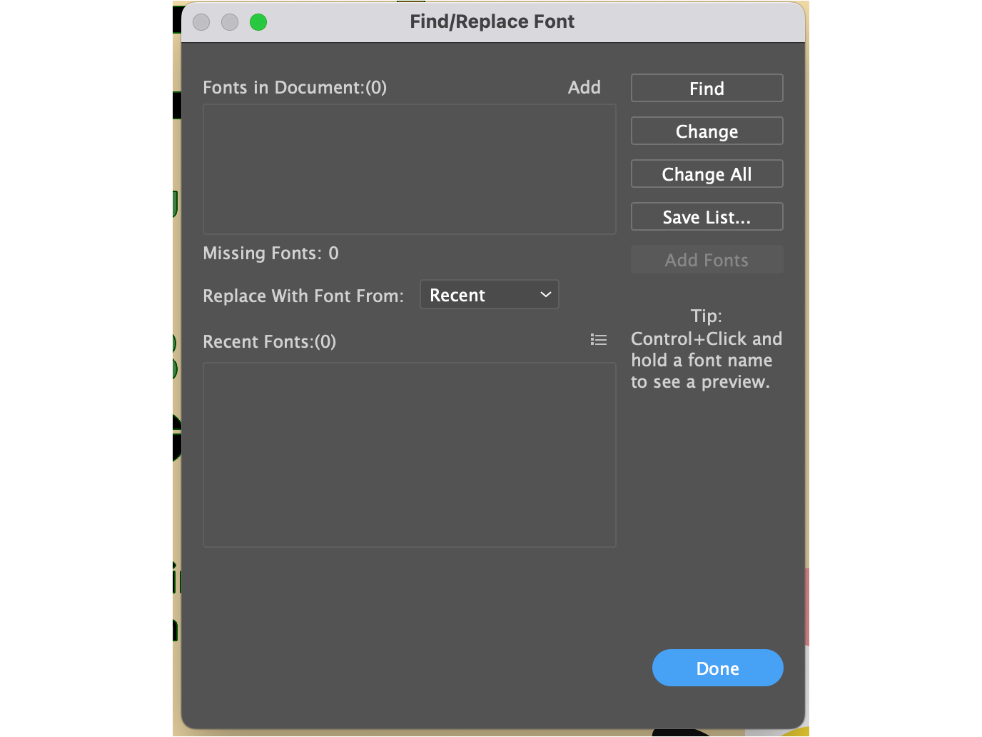 Adobe Illustrator Find/Replace Font dialog showing zero fonts in the document.