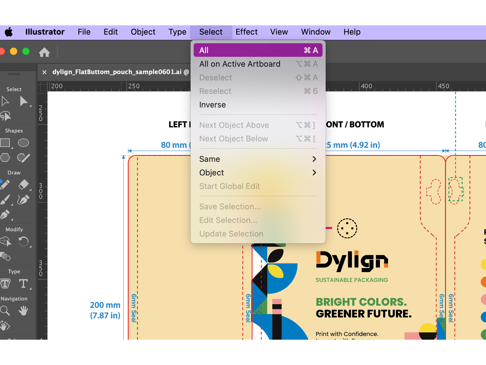 Adobe Illustrator Select menu with All highlighted above packaging artwork.