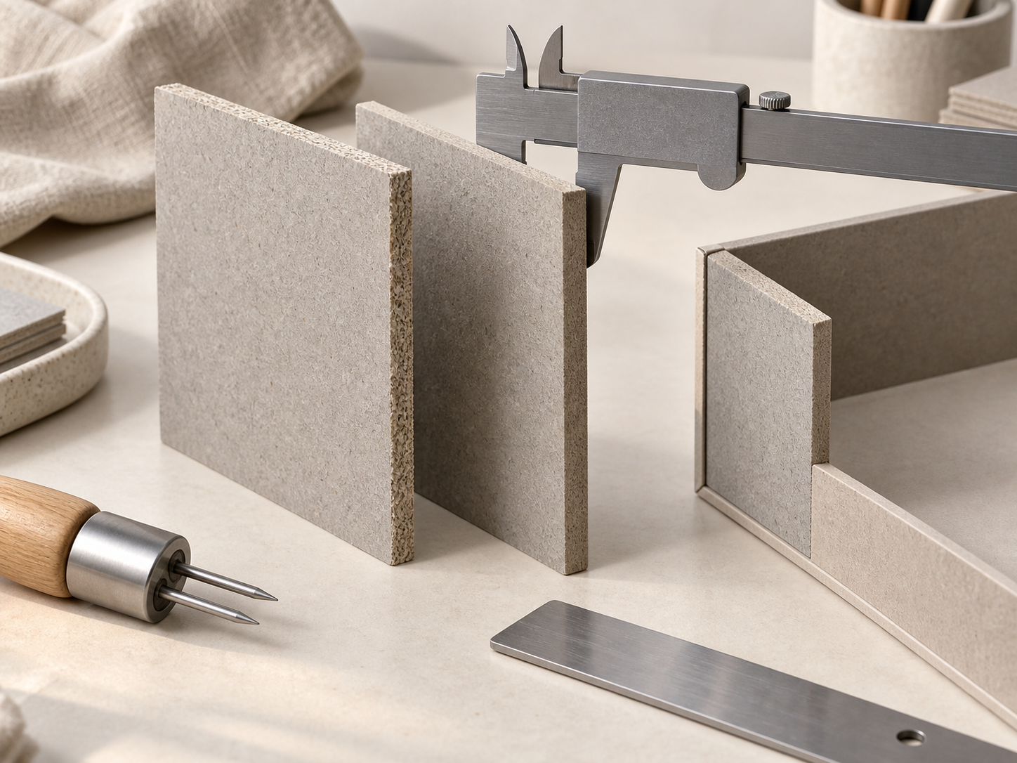 Caliper measuring the thickness of gray chipboard sheets beside a rigid box core