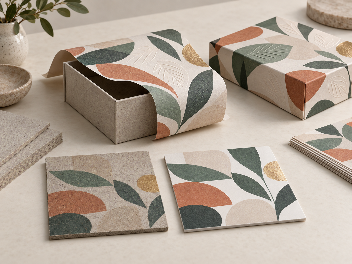 Printed decorative papers and a patterned wrap being applied over a rigid chipboard box