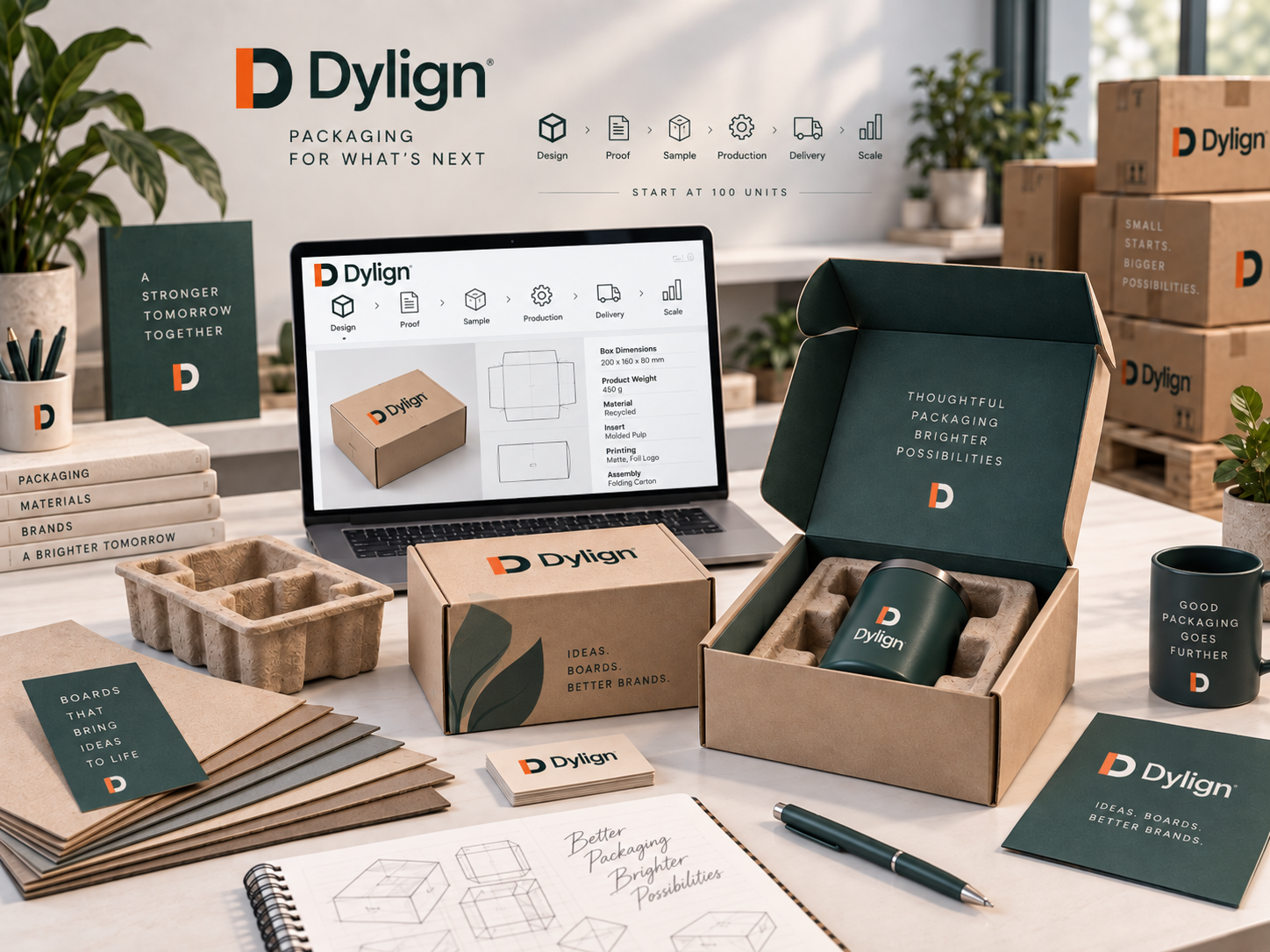 Dylign packaging workflow from design and proof through sample, production, delivery, and scale