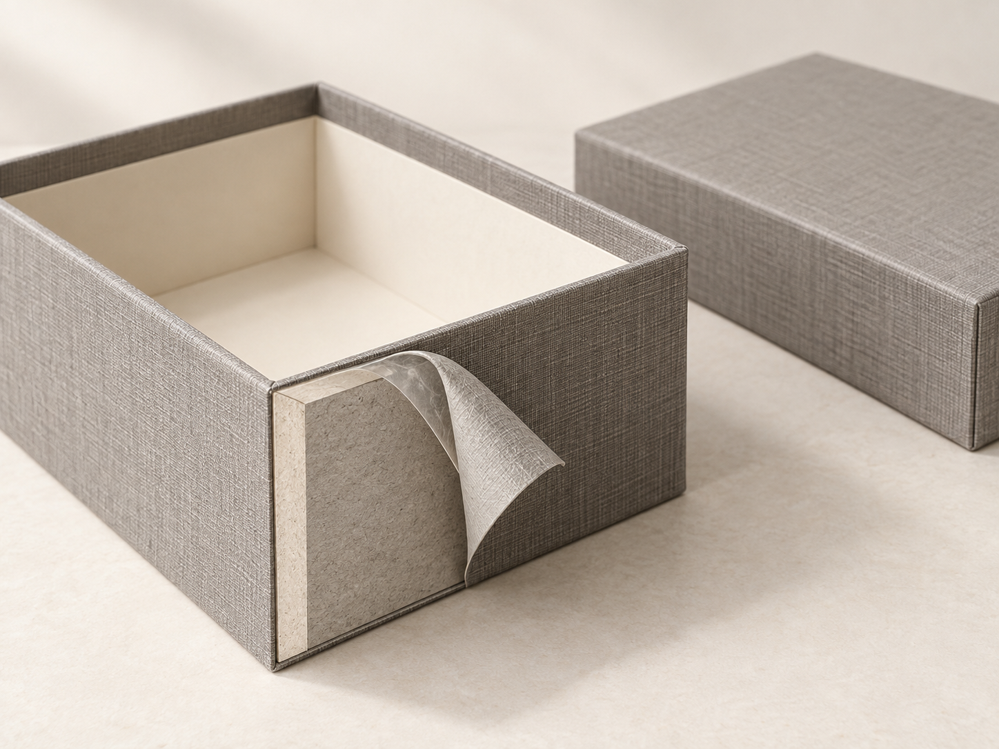 Wrapped rigid box with a cutaway revealing the dense chipboard structural core