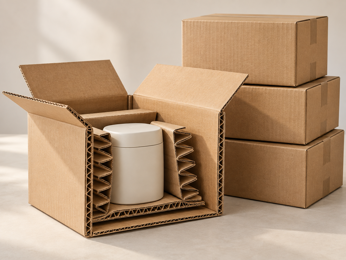 Corrugated shipping boxes and fluted inserts protecting a jar