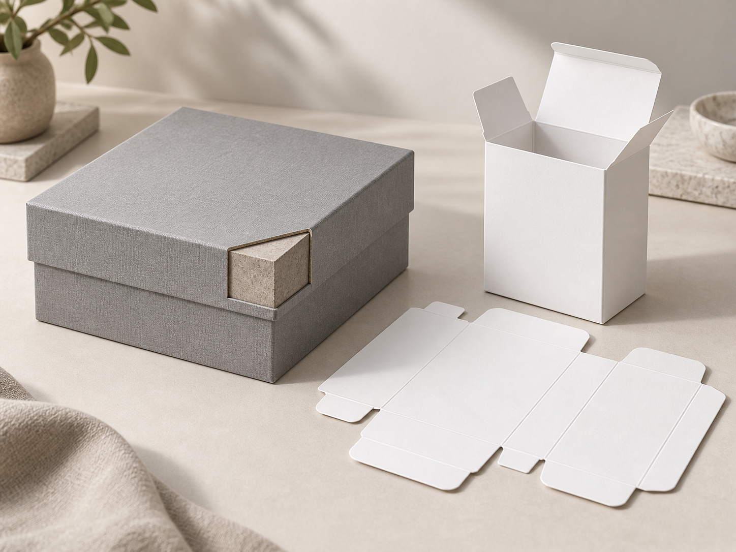 Rigid chipboard box compared with a white folding carton and flat SBS carton dieline