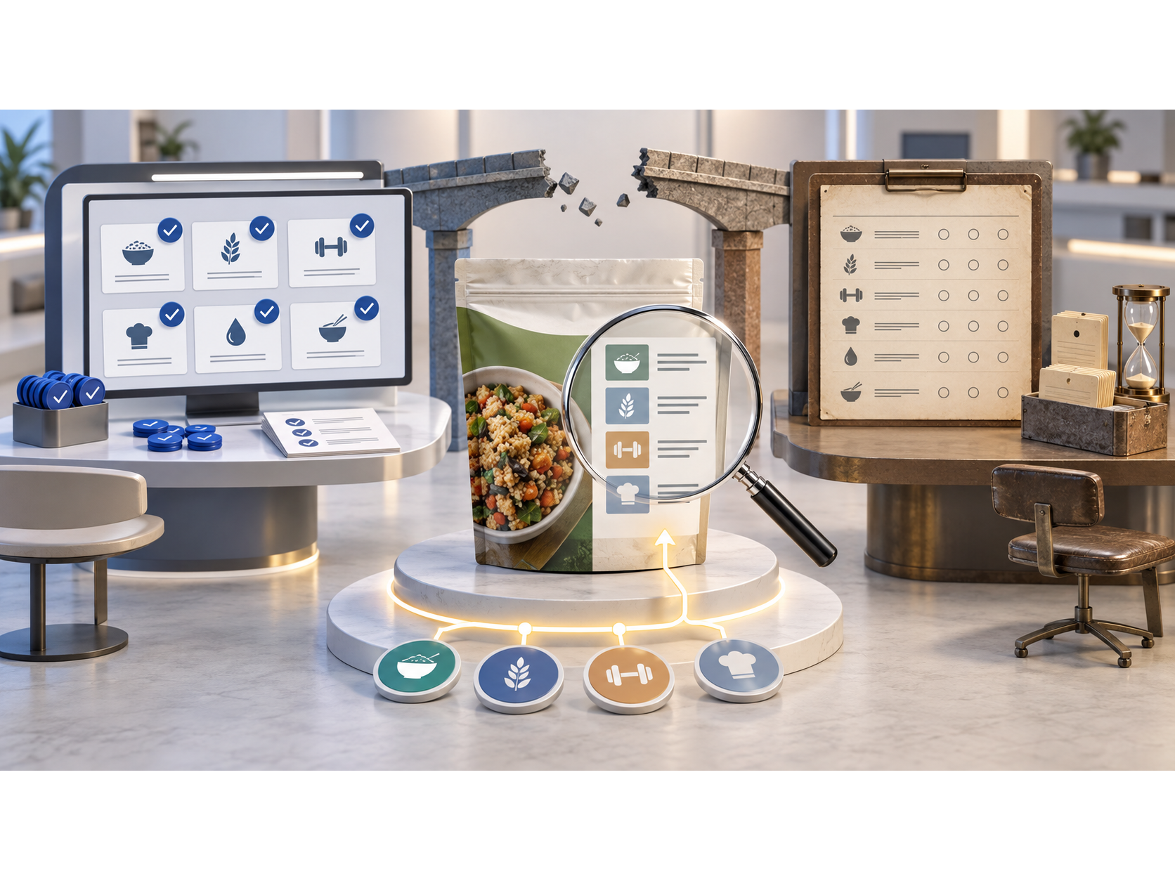 A food package and magnified label surrounded by consumer information checks and testing tools.