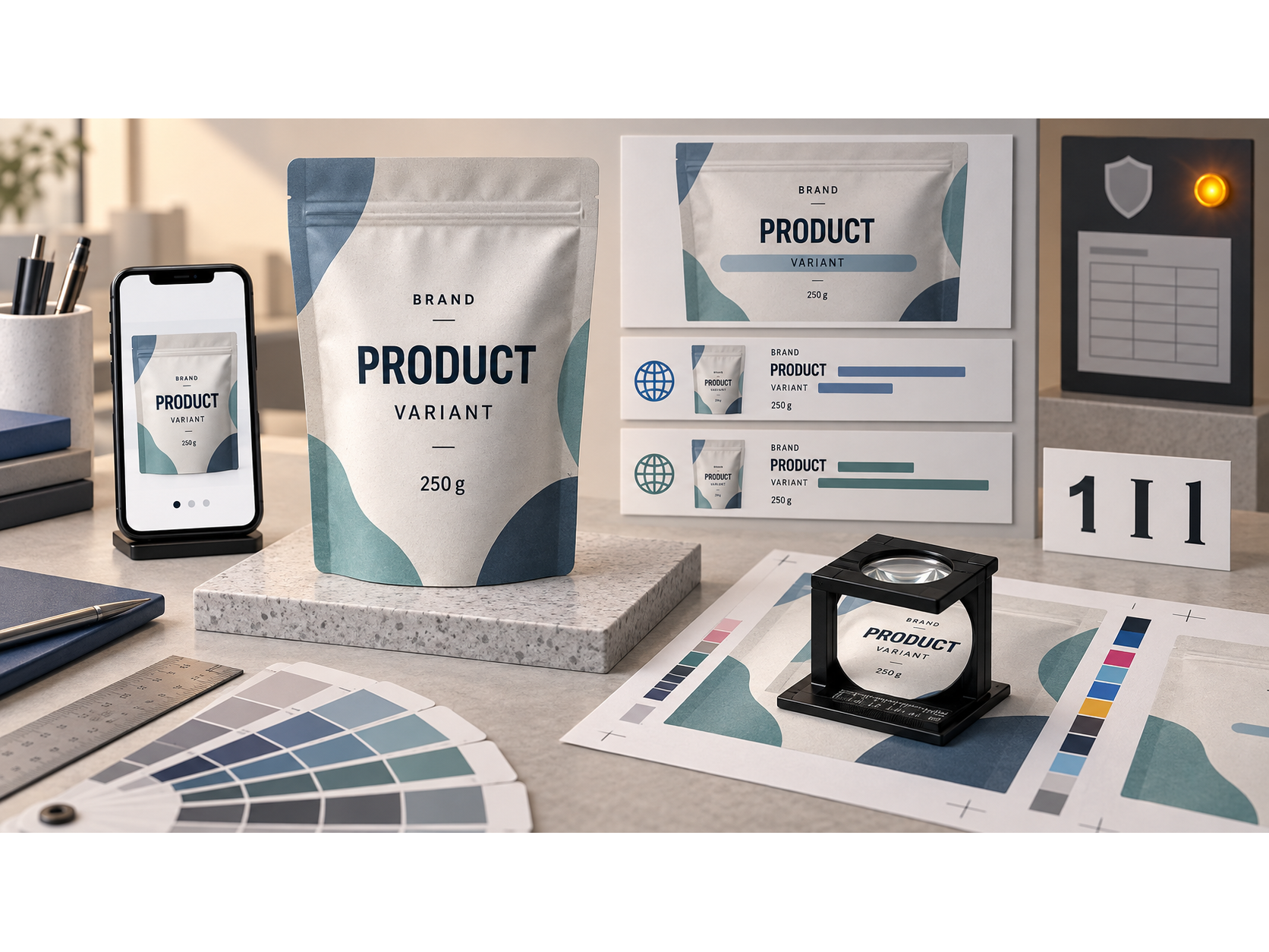 A product pouch, mobile thumbnail, label variants, and printed samples used to test packaging hierarchy.