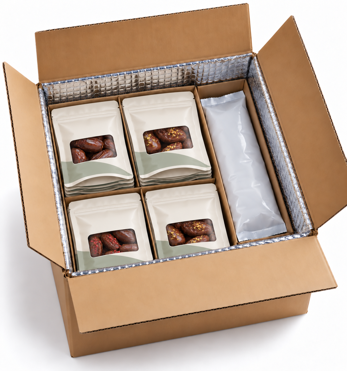 Filled chocolate pouches arranged inside an insulated shipping case with protected spacing