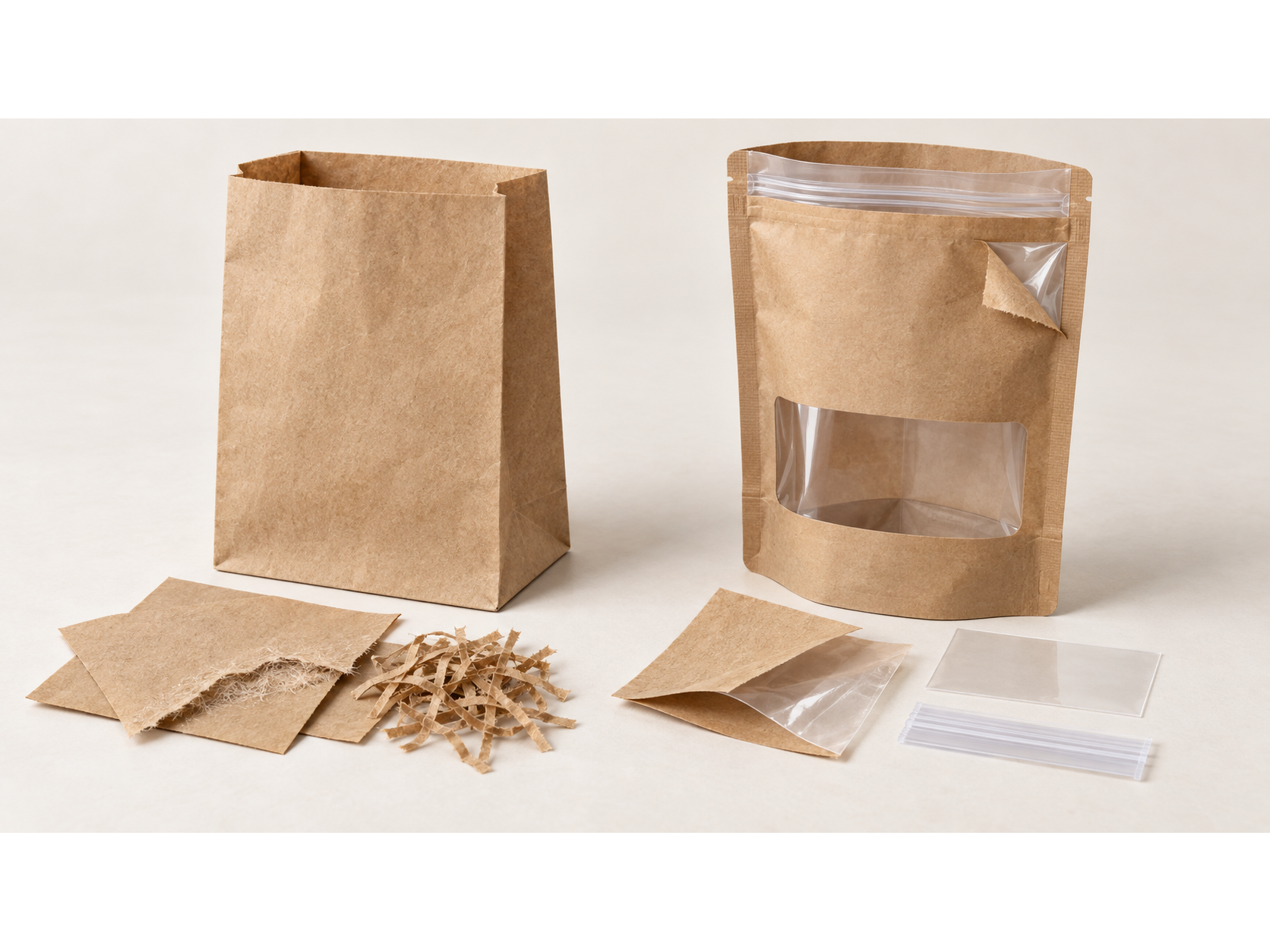 A plain paper bag and a paper pouch with a plastic zipper, beside shredded paper, separated film layers and closure components.
