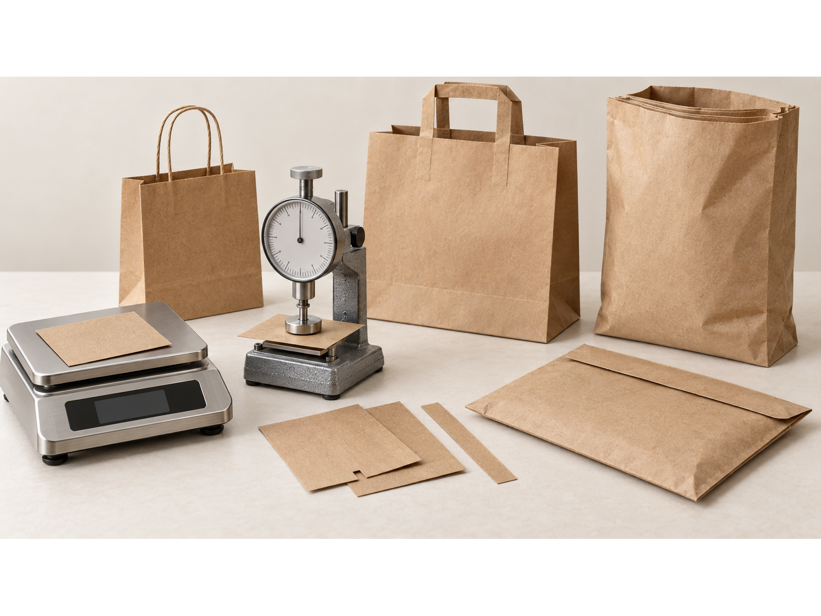 Paper bags, a sack and a mailer with paper samples, a weighing scale and a thickness-measuring gauge.