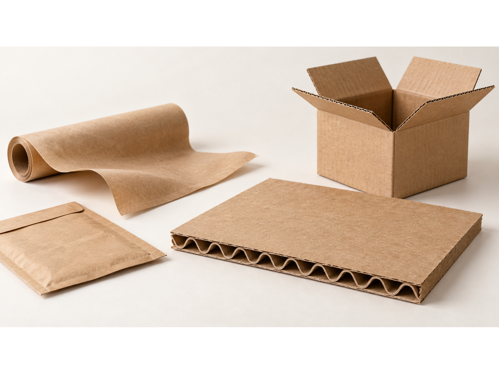 A brown paper roll and mailer beside a corrugated-board cross-section and an open corrugated box.
