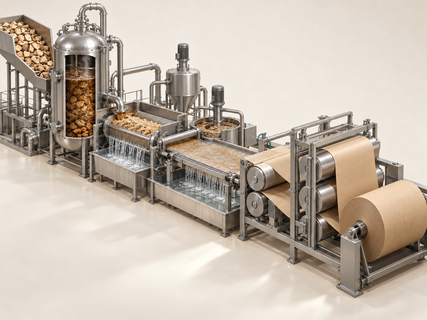 An illustrated paper-production line with wood chips, processing vessels, sheet-forming equipment and a roll of brown paper.