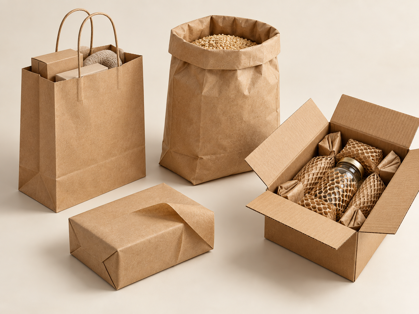 A handled paper bag, a filled paper sack, a wrapped parcel and a corrugated box with paper cushioning around a glass jar.