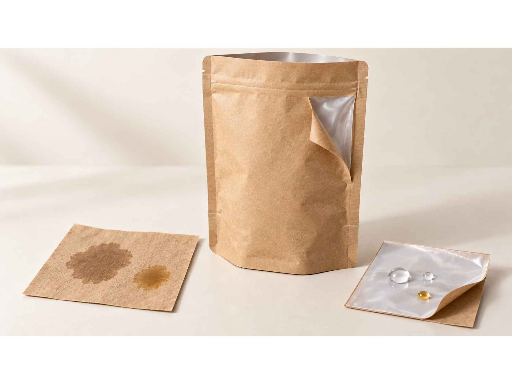 A brown paper pouch showing a reflective inner layer, beside stained uncoated paper and a coated sheet holding droplets.