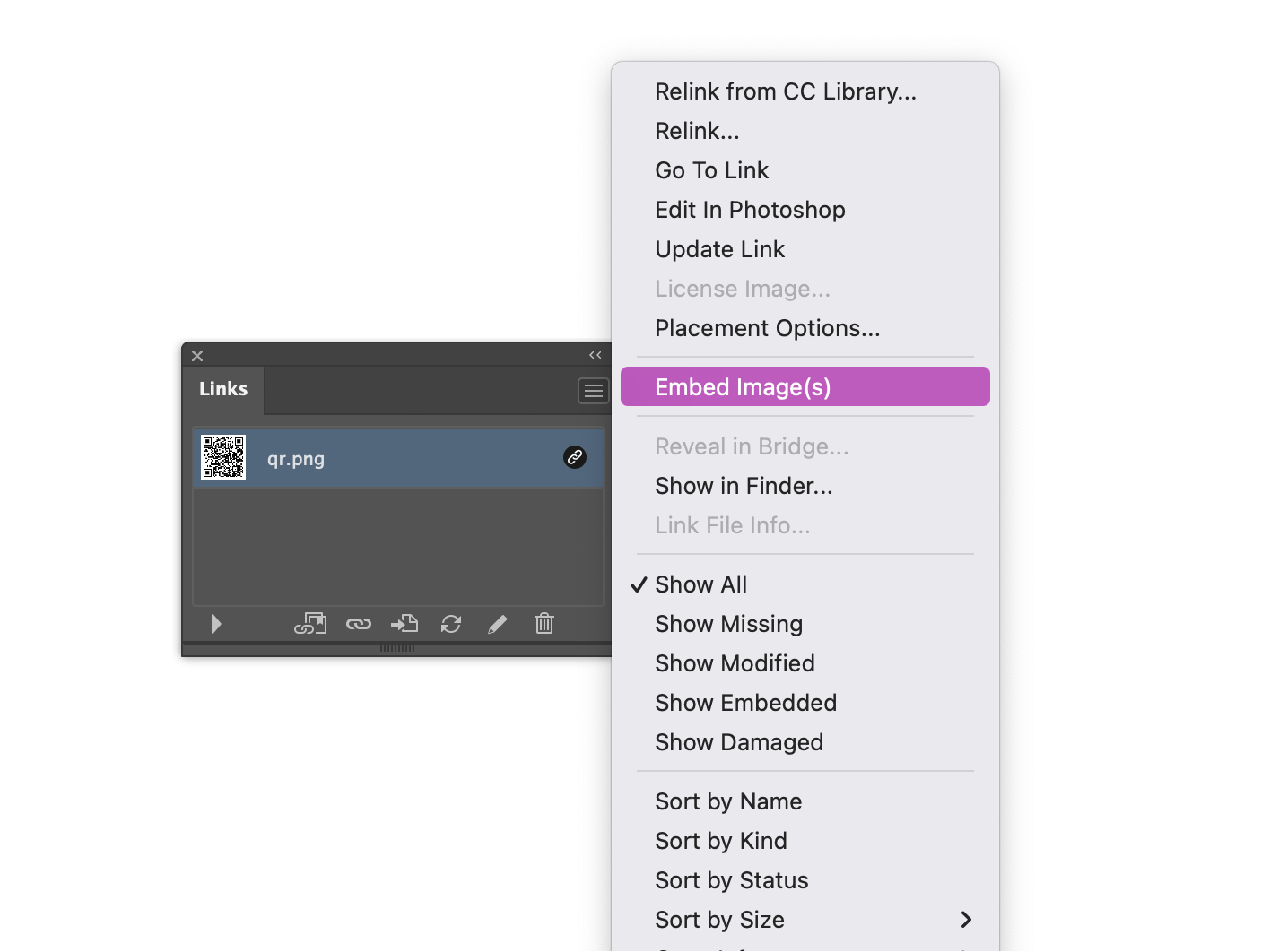 Adobe Illustrator Links panel menu with Embed Image(s) highlighted.