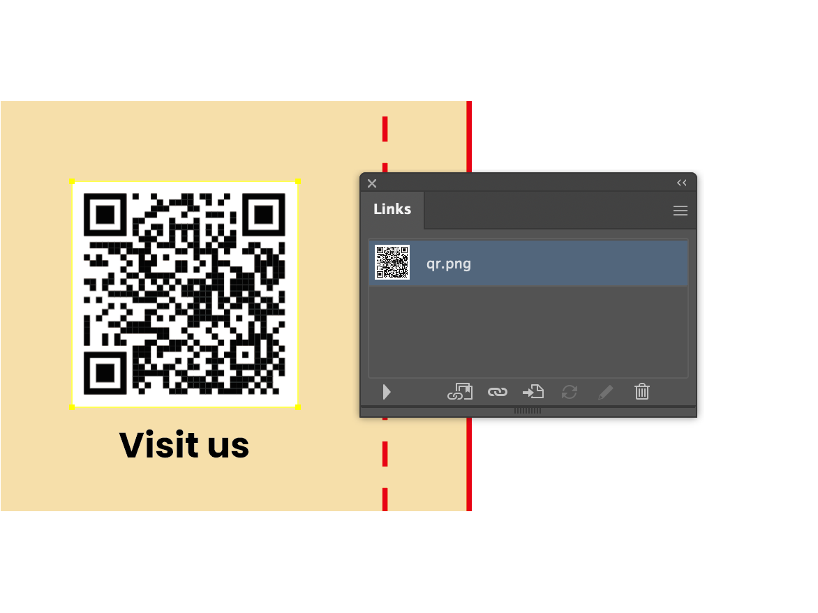 QR artwork beside the Illustrator Links panel after the external image has been embedded.