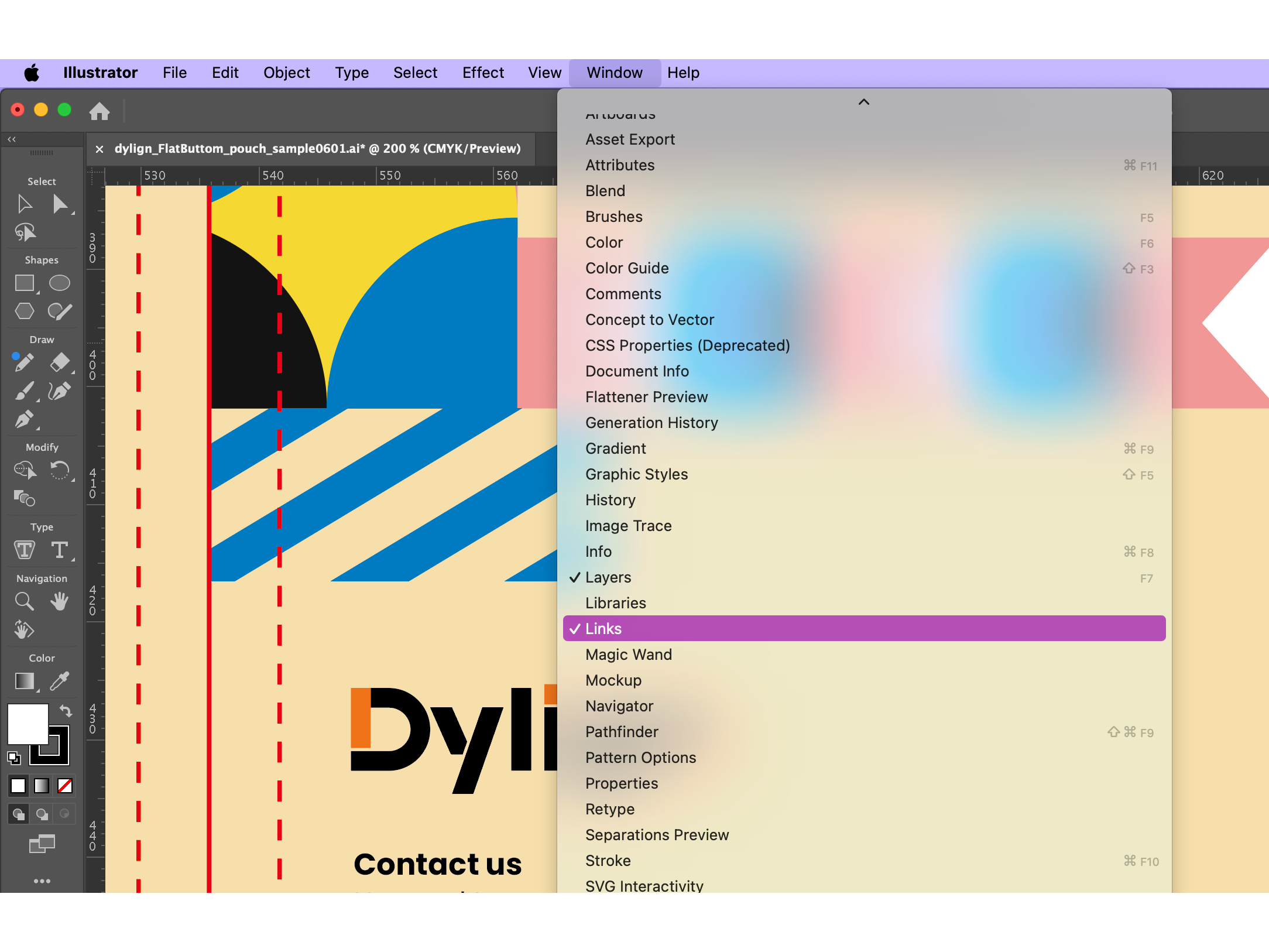 Adobe Illustrator with the Window menu open and Links highlighted.