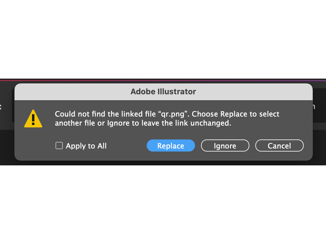 Adobe Illustrator warning that the linked QR image file cannot be found.