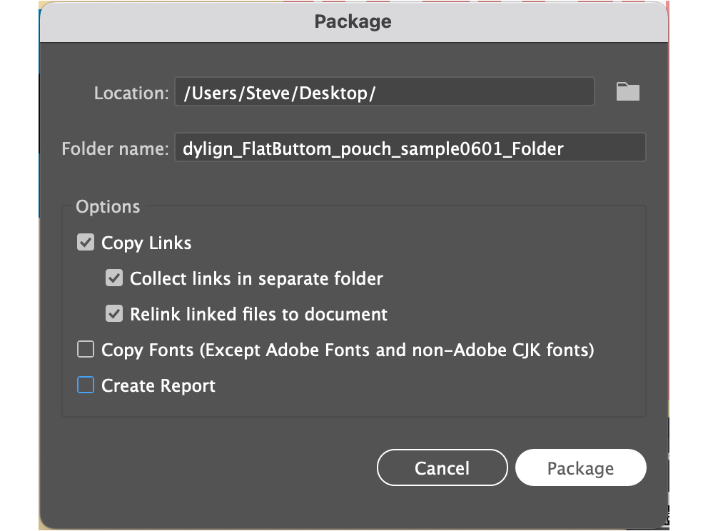 Adobe Illustrator Package dialog showing link collection and relinking options.