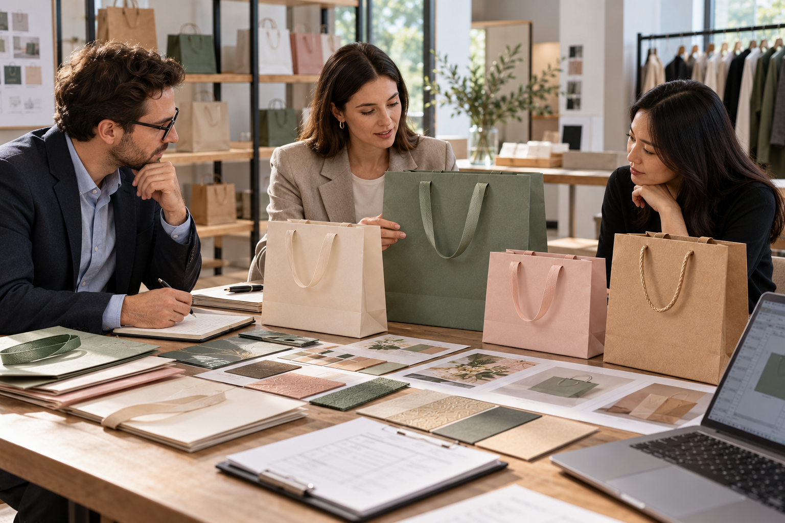 A cross-functional team reviews custom shopping bag samples, material swatches, specifications, and cost information.