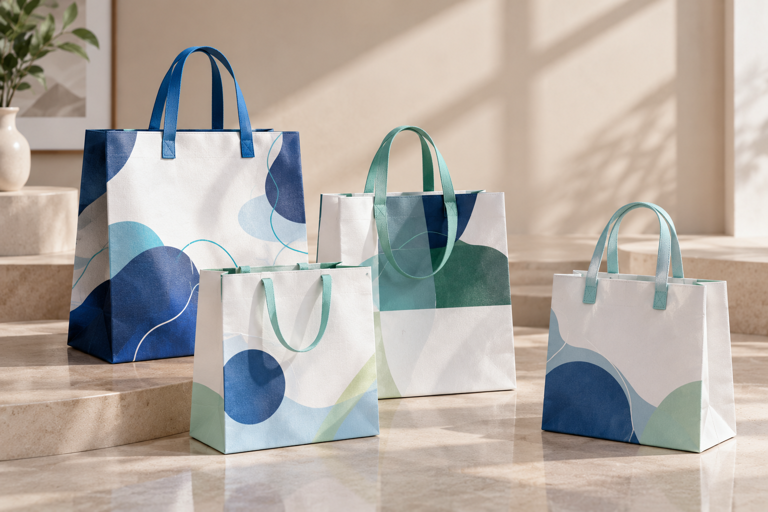 Custom paper shopping bags in several sizes and printed designs displayed with paper and material samples in natural light.