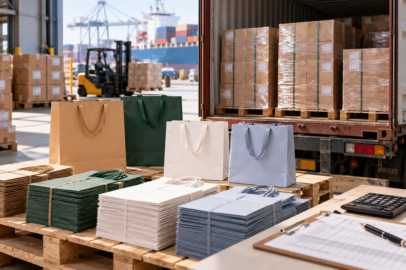 Flat-packed shopping bags, cartons, pallets, a truck, and port equipment illustrating freight and landed-cost planning.