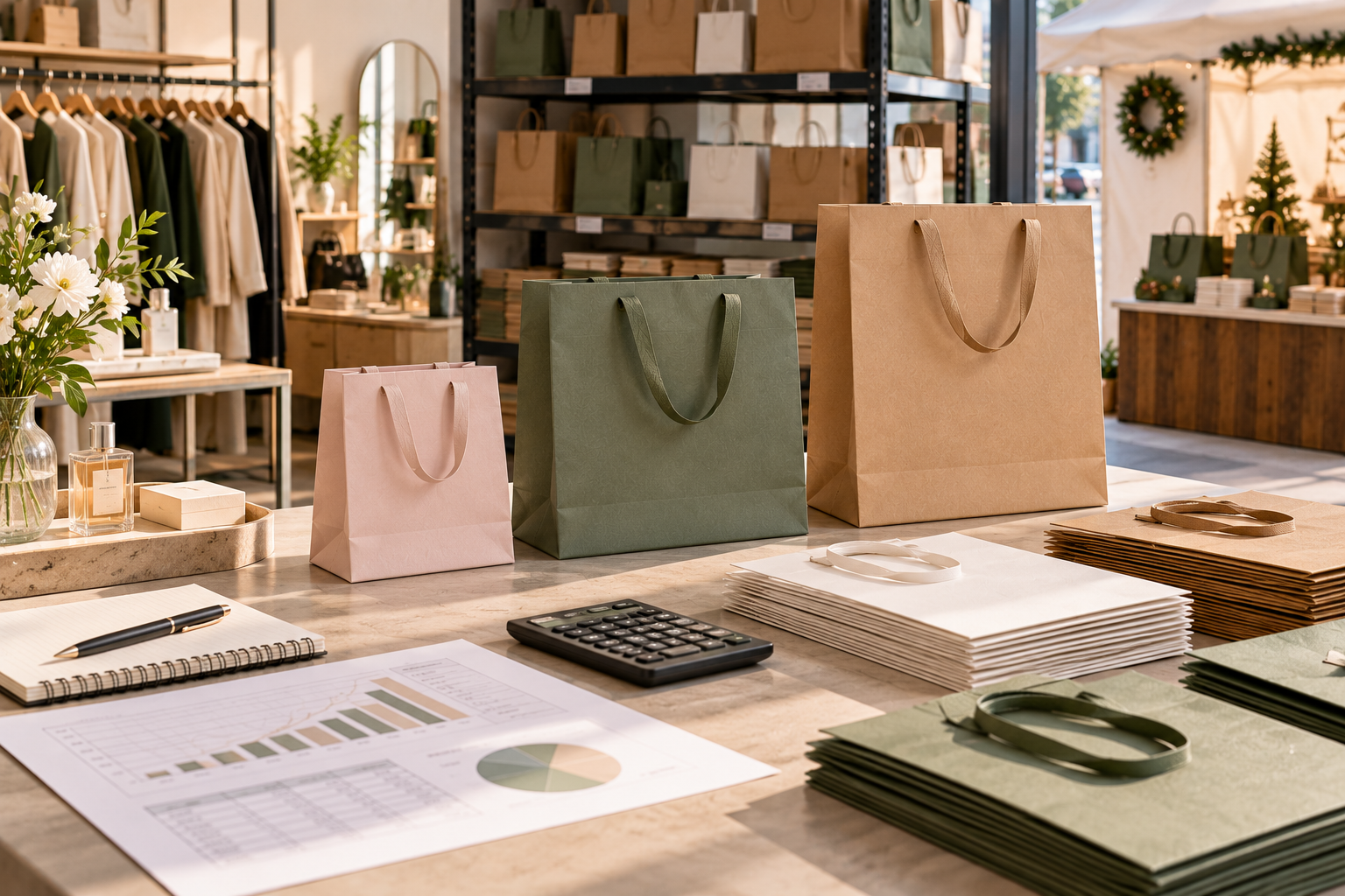 A boutique inventory-planning table with shopping bags, calculators, demand charts, material samples, and stacked stock.