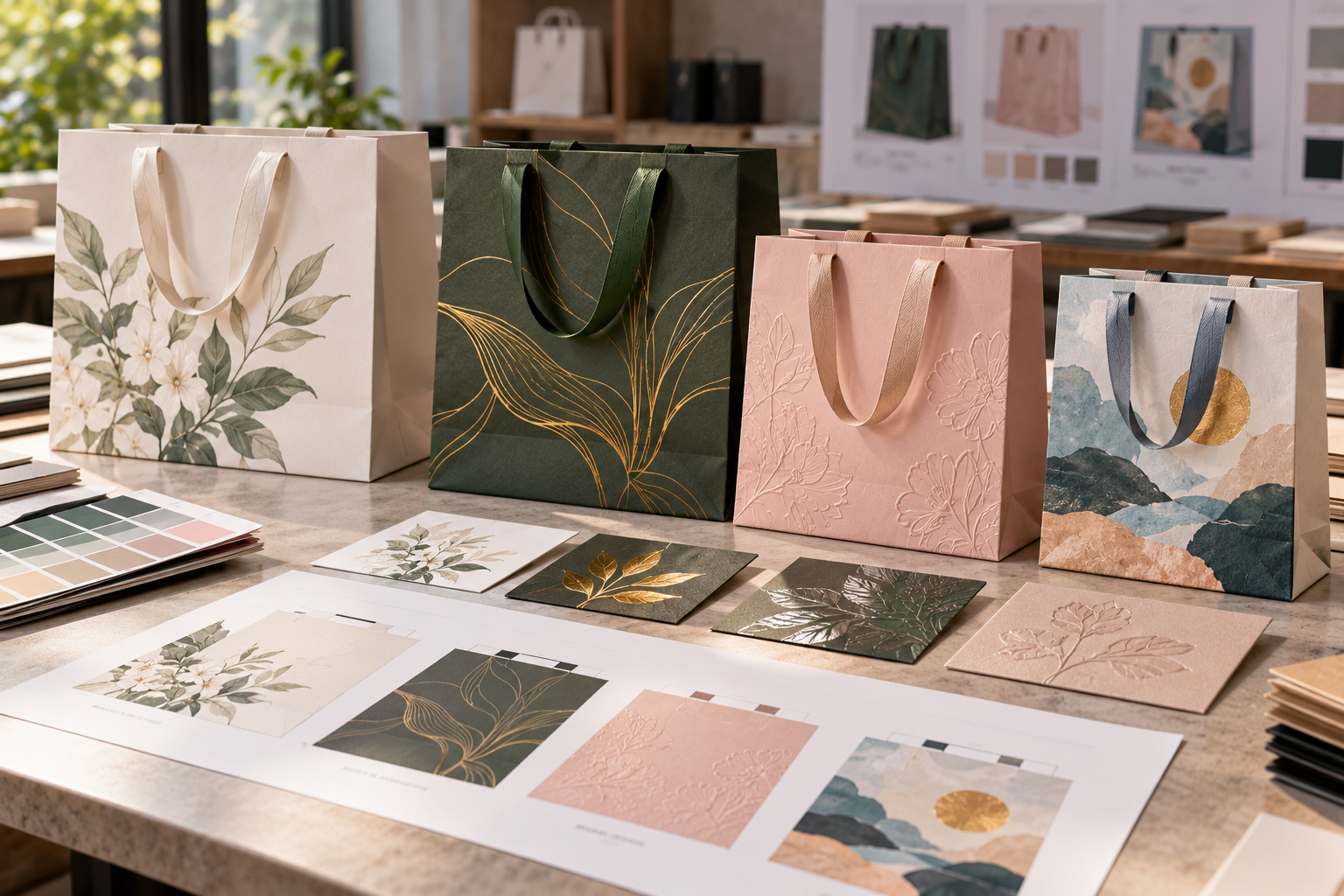 Luxury custom paper bags with printed botanical artwork, metallic details, embossed finishes, and coordinating production samples.
