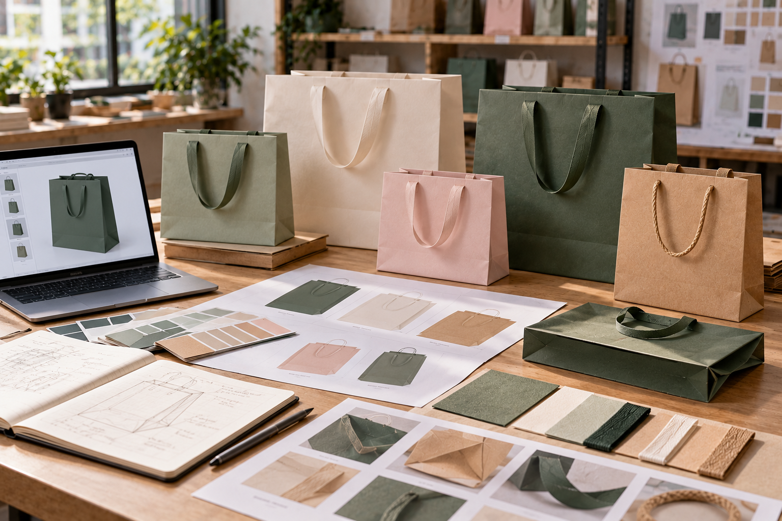 A packaging design workstation with digital shopping bag proofs, physical samples, paper swatches, handles, and production drawings.
