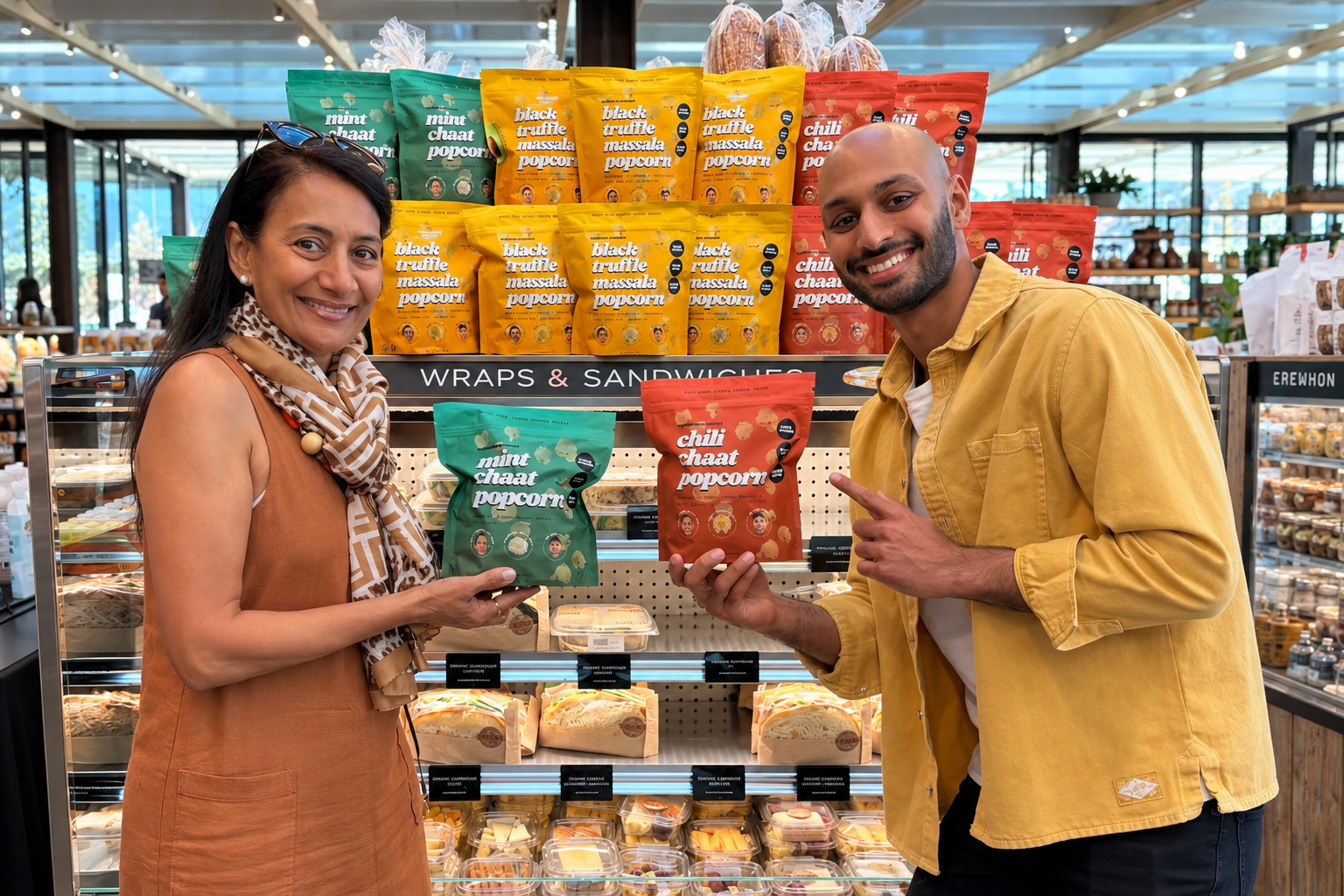 Two people pose with Confusion Snacks bags in front of a stocked retail display.