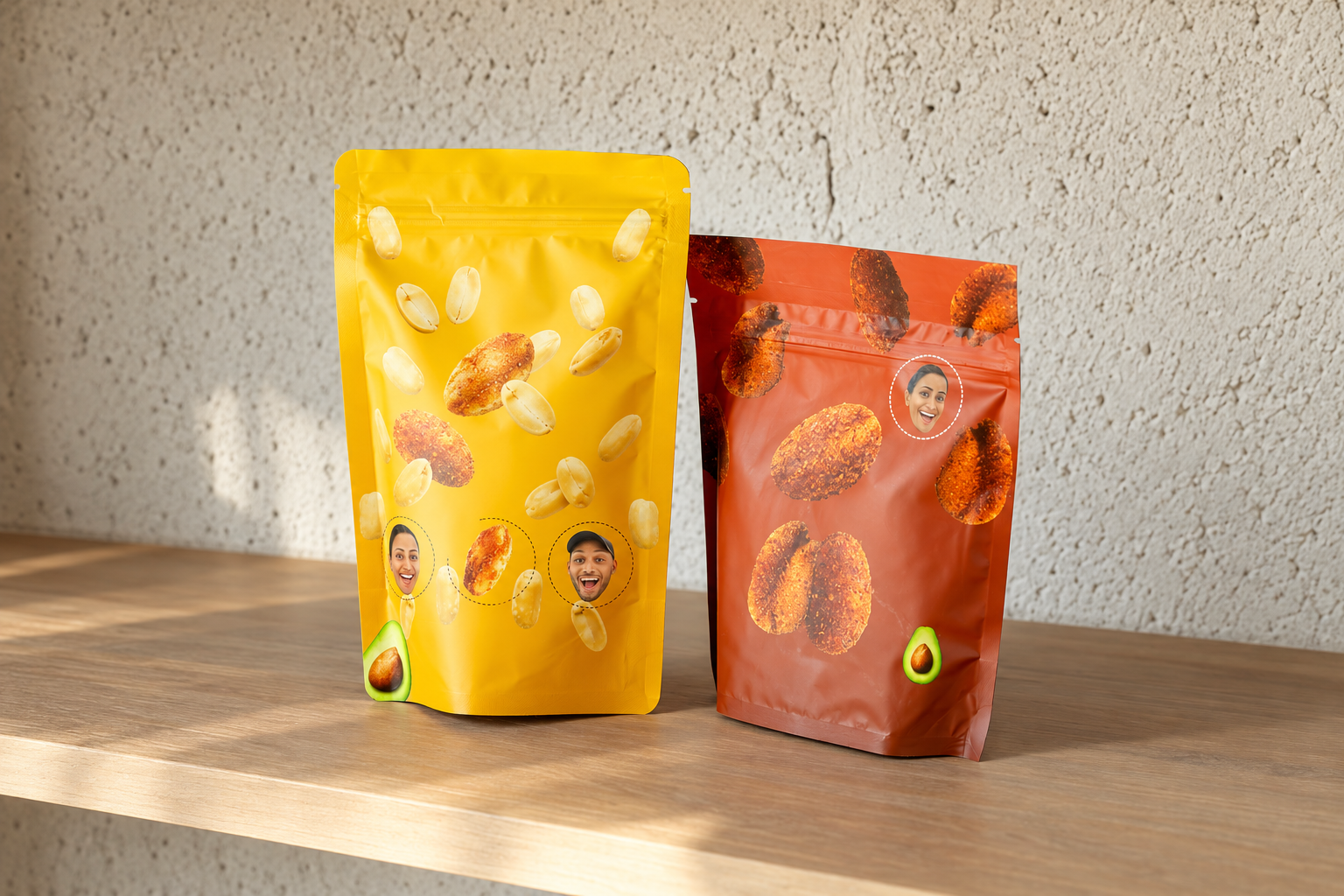 Yellow and red Confusion Snacks pouches displayed together on a wooden shelf.