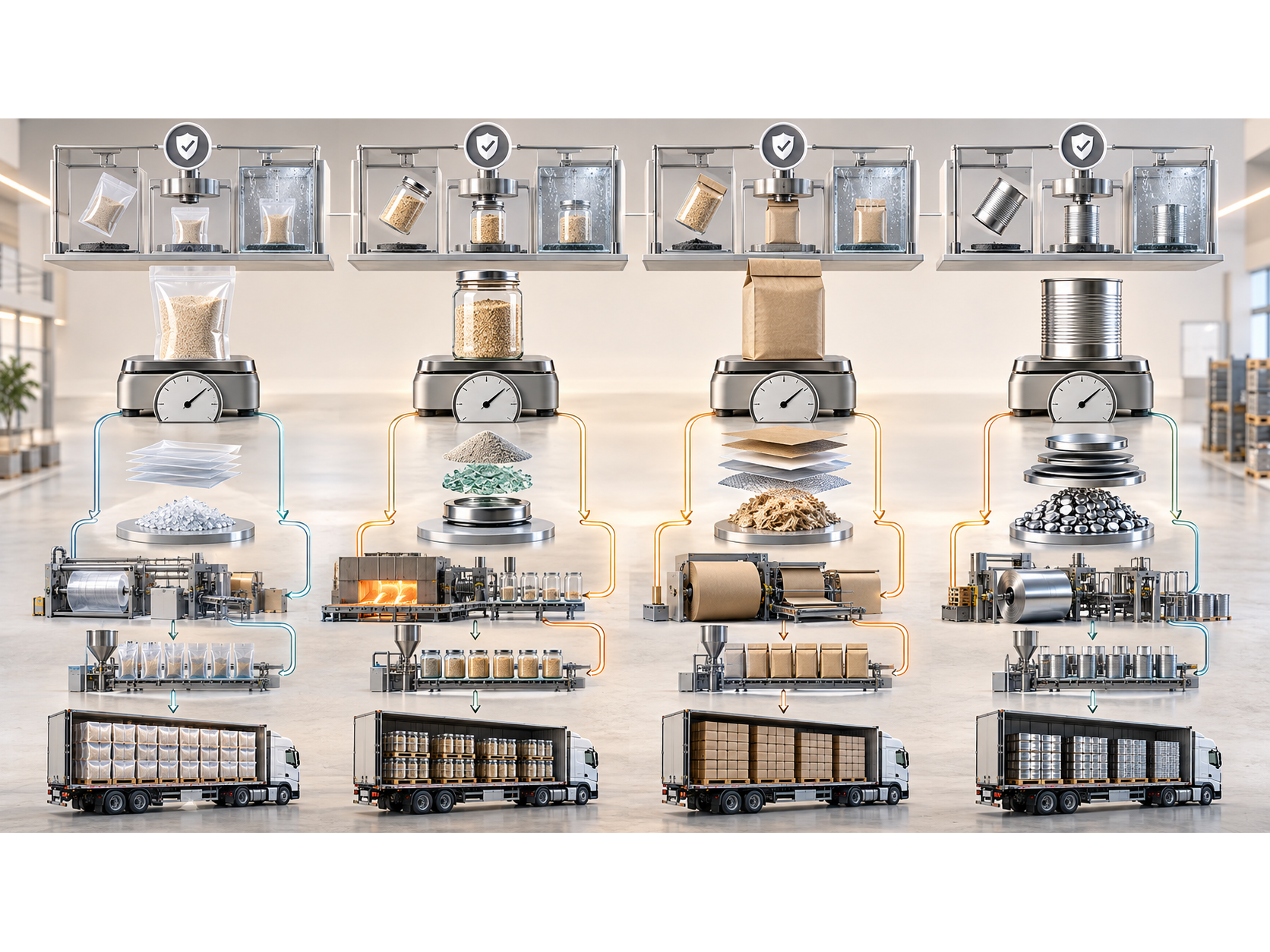 Glass, flexible plastic, paperboard, and metal packages are weighed above production lines and freight trailers.