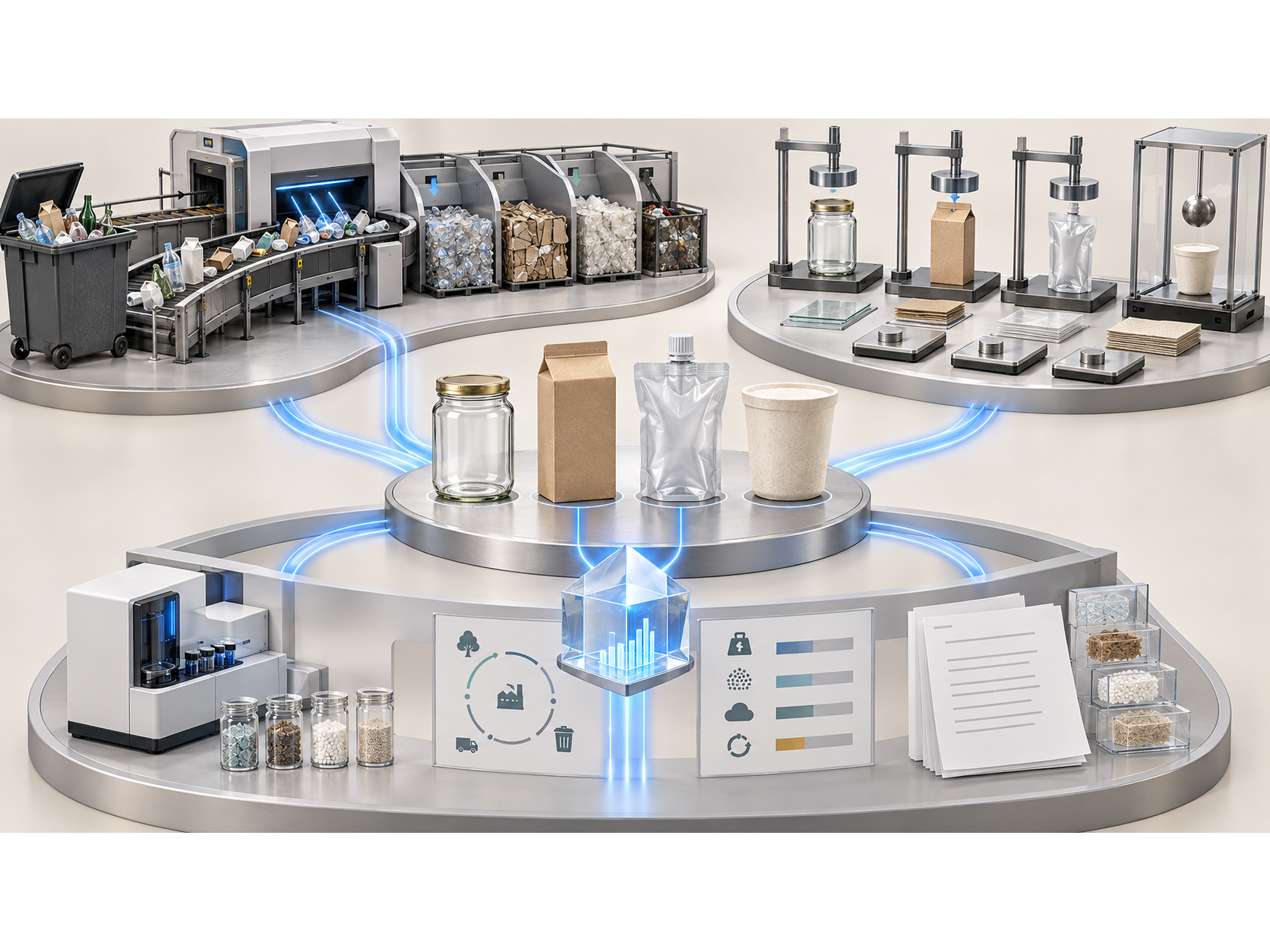 Glass, paper, flexible plastic, and fiber packaging move through sorting and material testing stations.