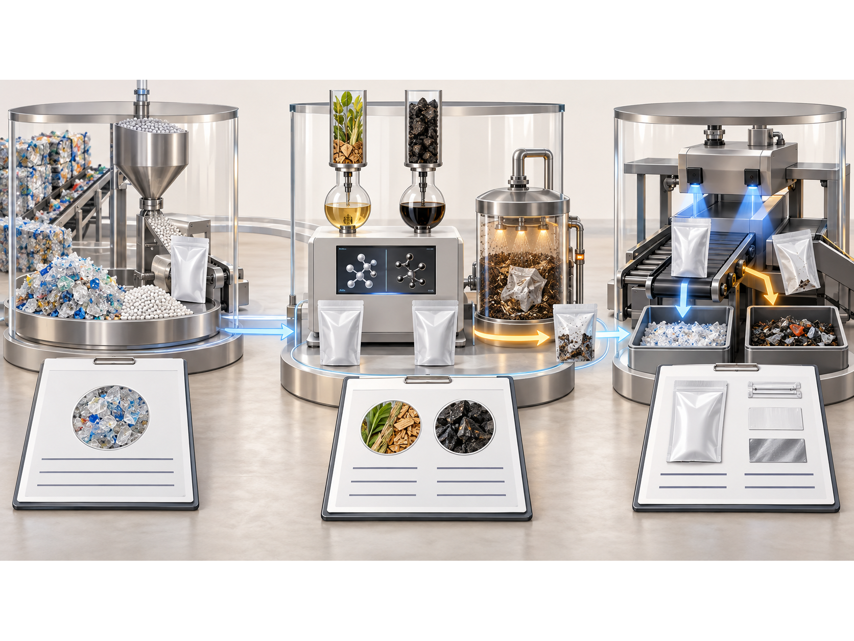 Packaging materials pass through recycling, feedstock, and performance testing stations.