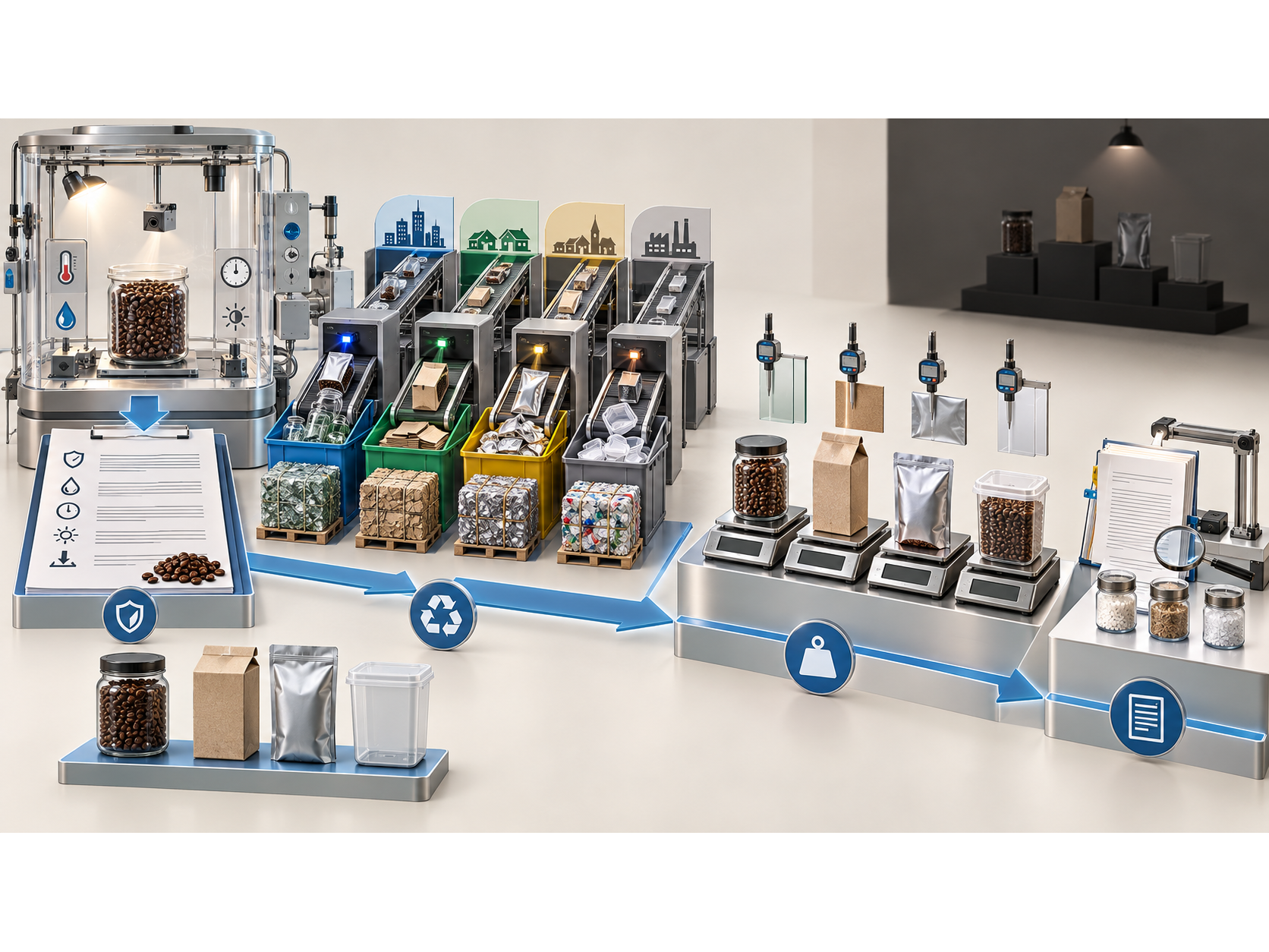 Packaging materials move through a decision path covering product protection, recovery, material weight, and evidence review.